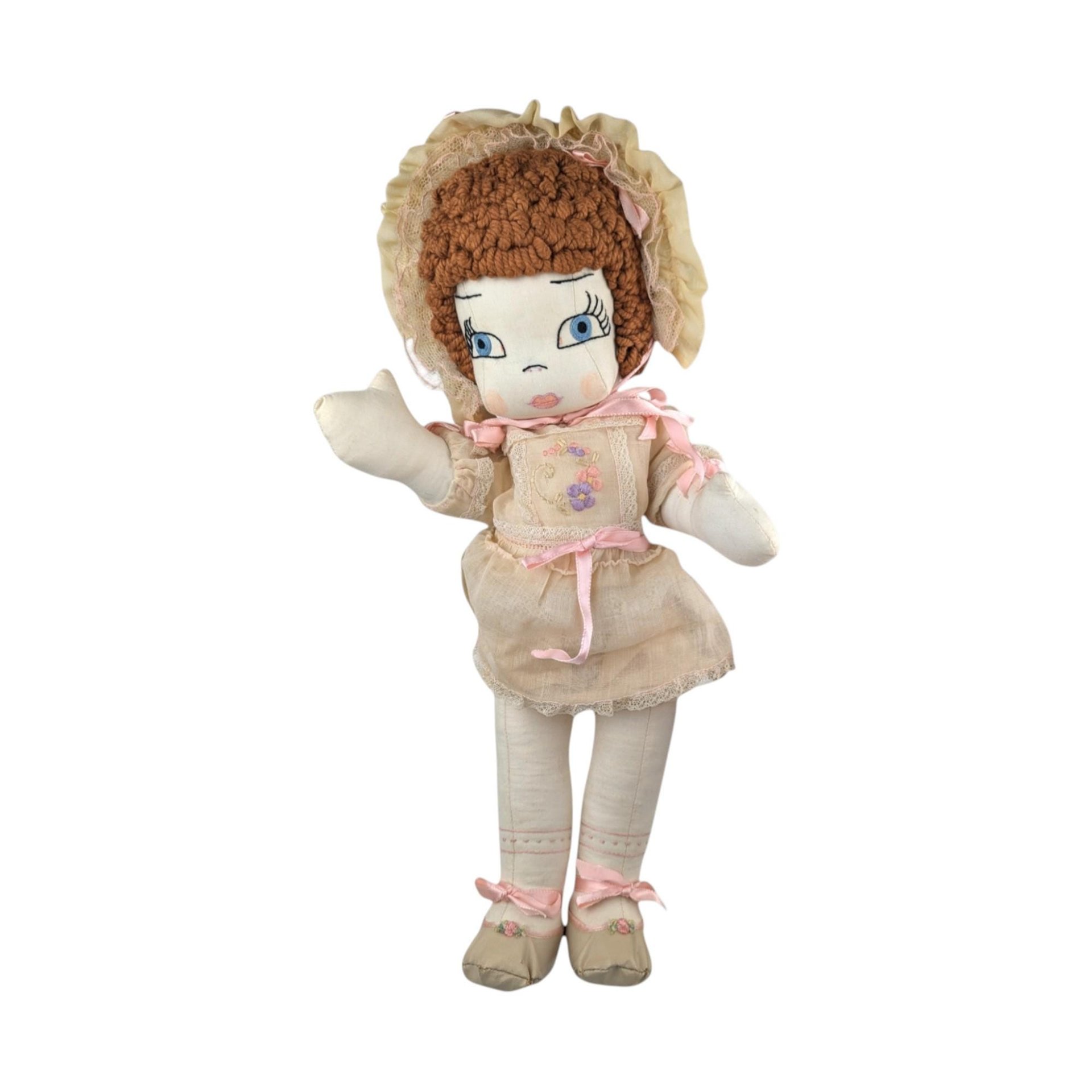 Vintage Handmade Cloth Doll: 17" Collectible Doll with Bonnet
