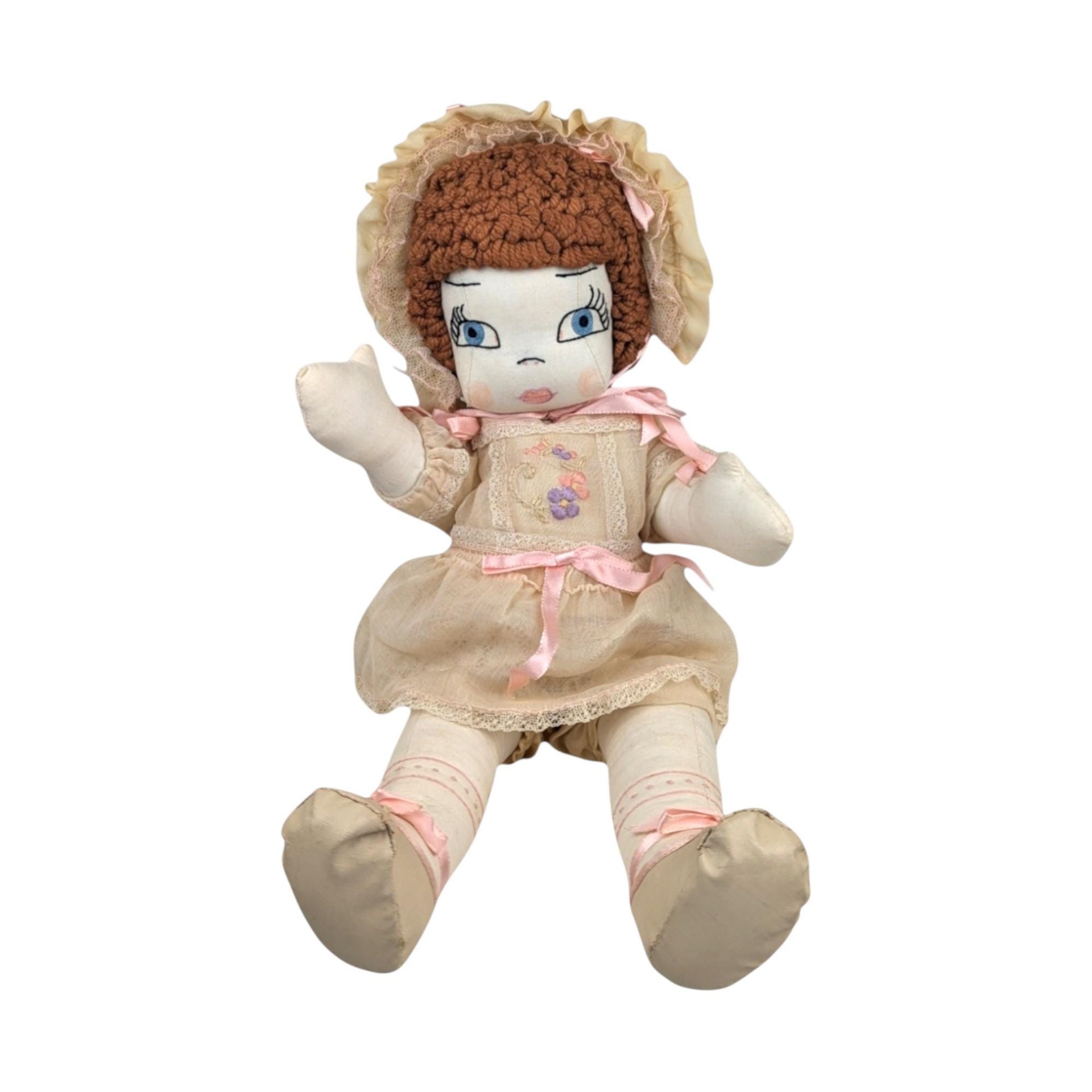 Vintage Handmade Cloth Doll: 17" Collectible Doll with Bonnet