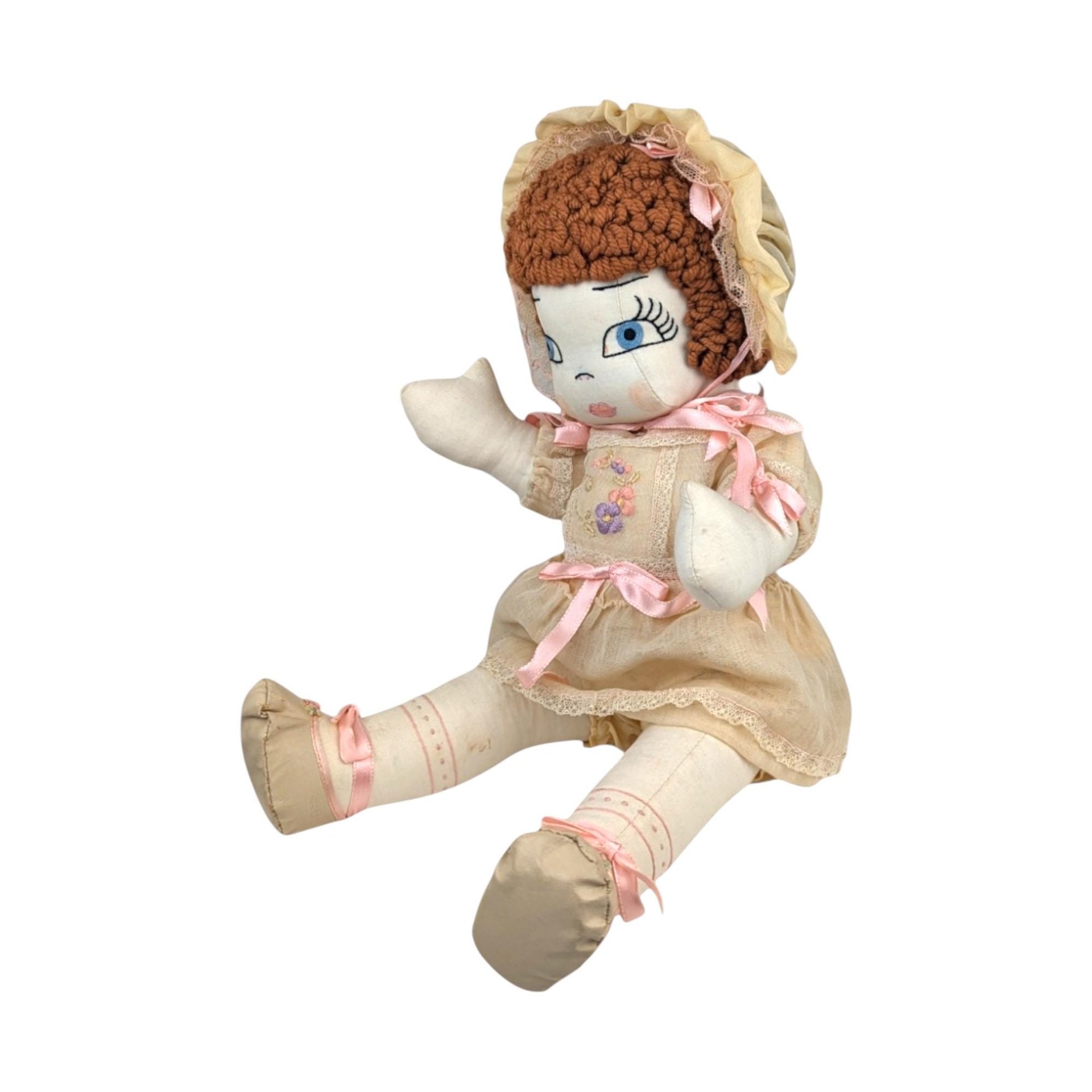 Vintage Handmade Cloth Doll: 17" Collectible Doll with Bonnet