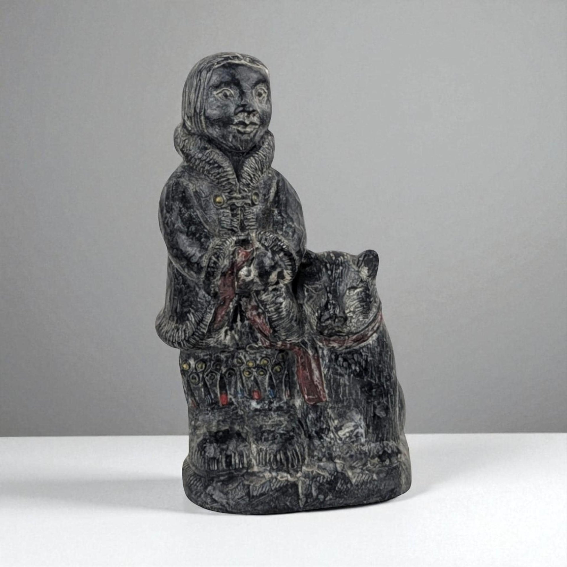 Hand-Carved Stone & Marble Inuit Sculpture: Eskimo with Dog