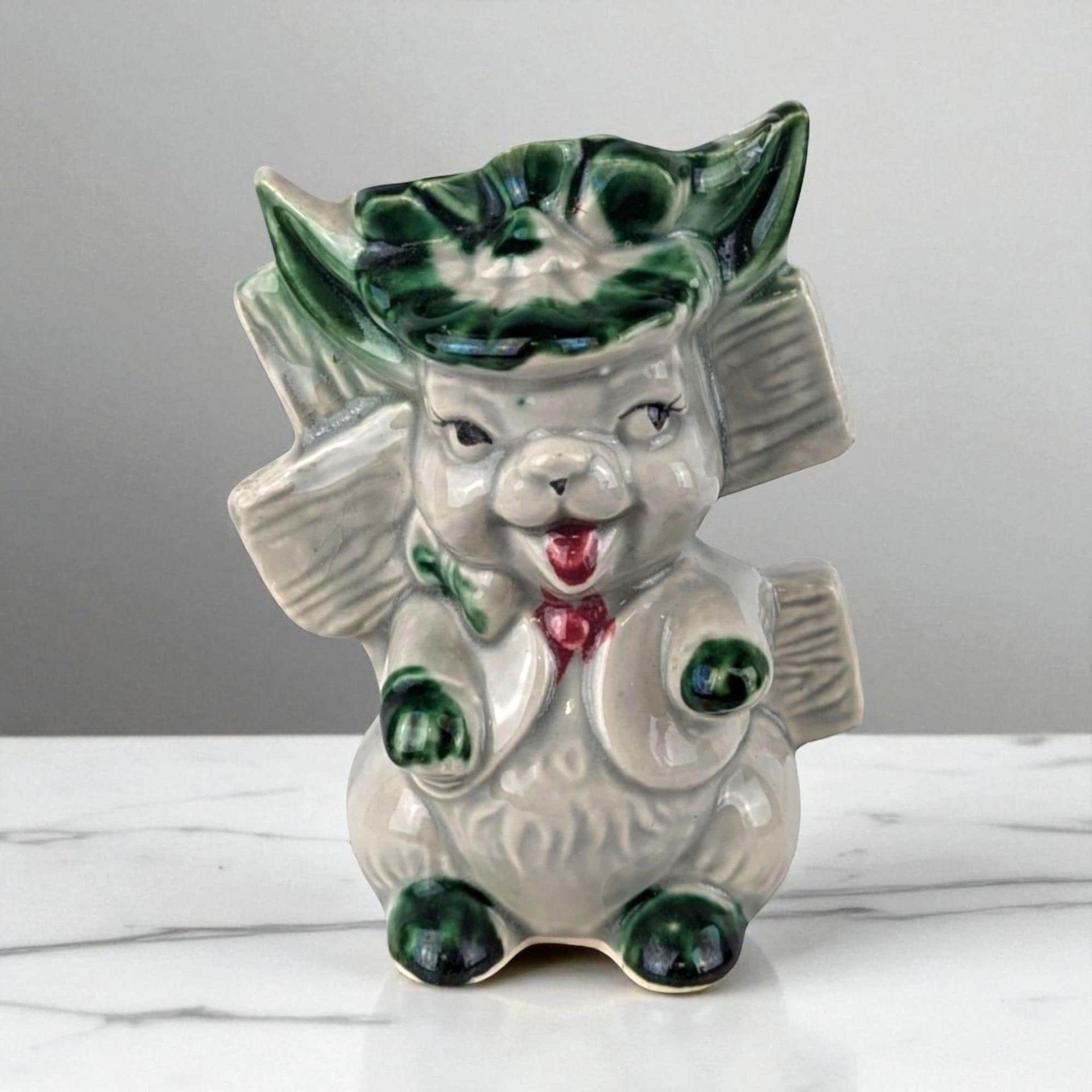 Vintage Ceramic Rabbit with Fence Planter: Whimsical Bunny Decor