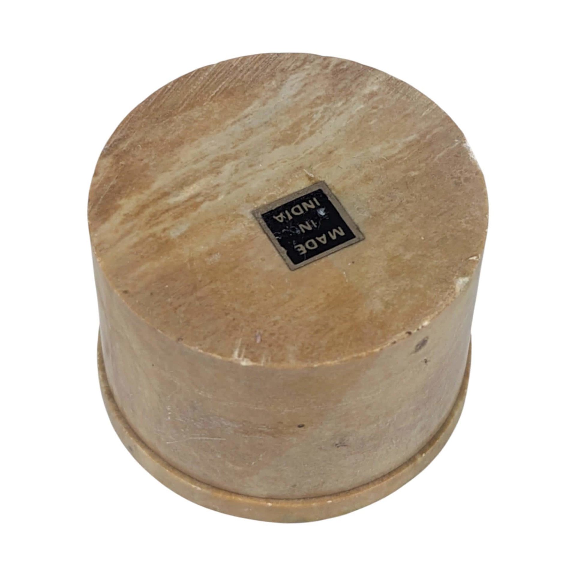 Vintage Stone Inlay Box, Small Round Trinket Box from India, Mother of Pearl Flower Ring Box, Handcrafted Soapstone Pill Box