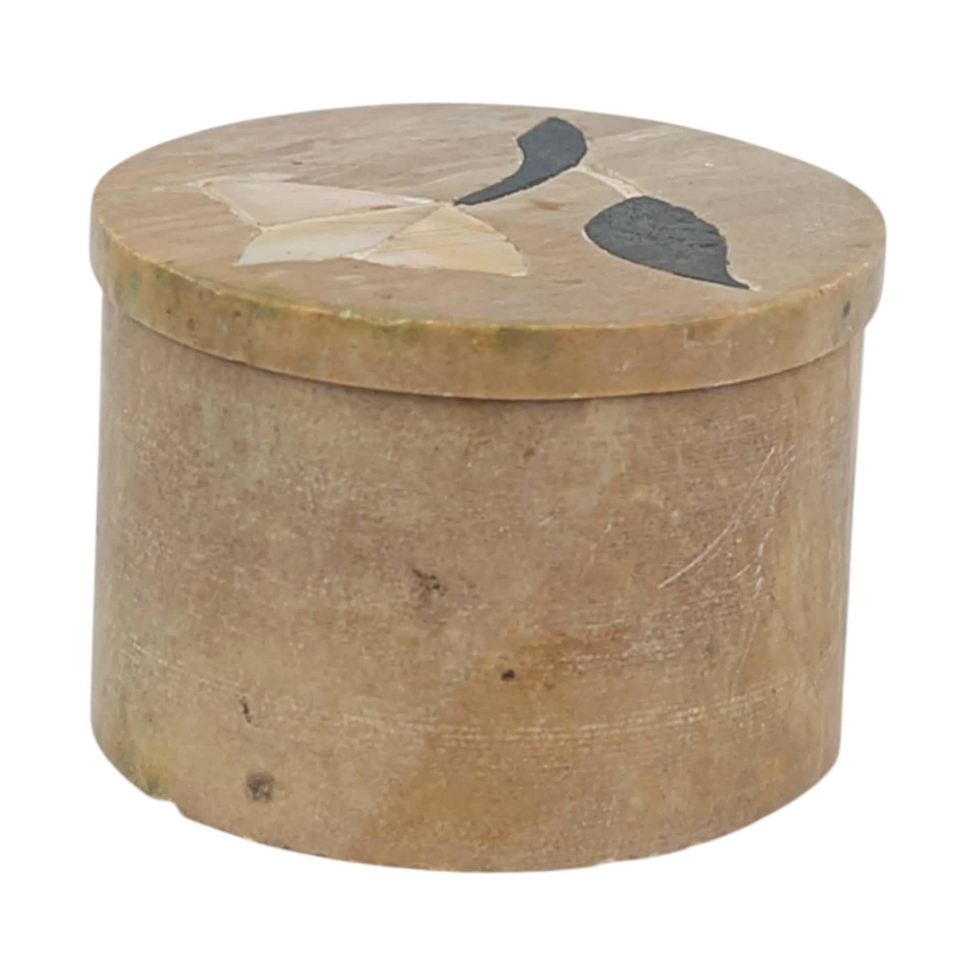 Vintage Stone Inlay Box, Small Round Trinket Box from India, Mother of Pearl Flower Ring Box, Handcrafted Soapstone Pill Box