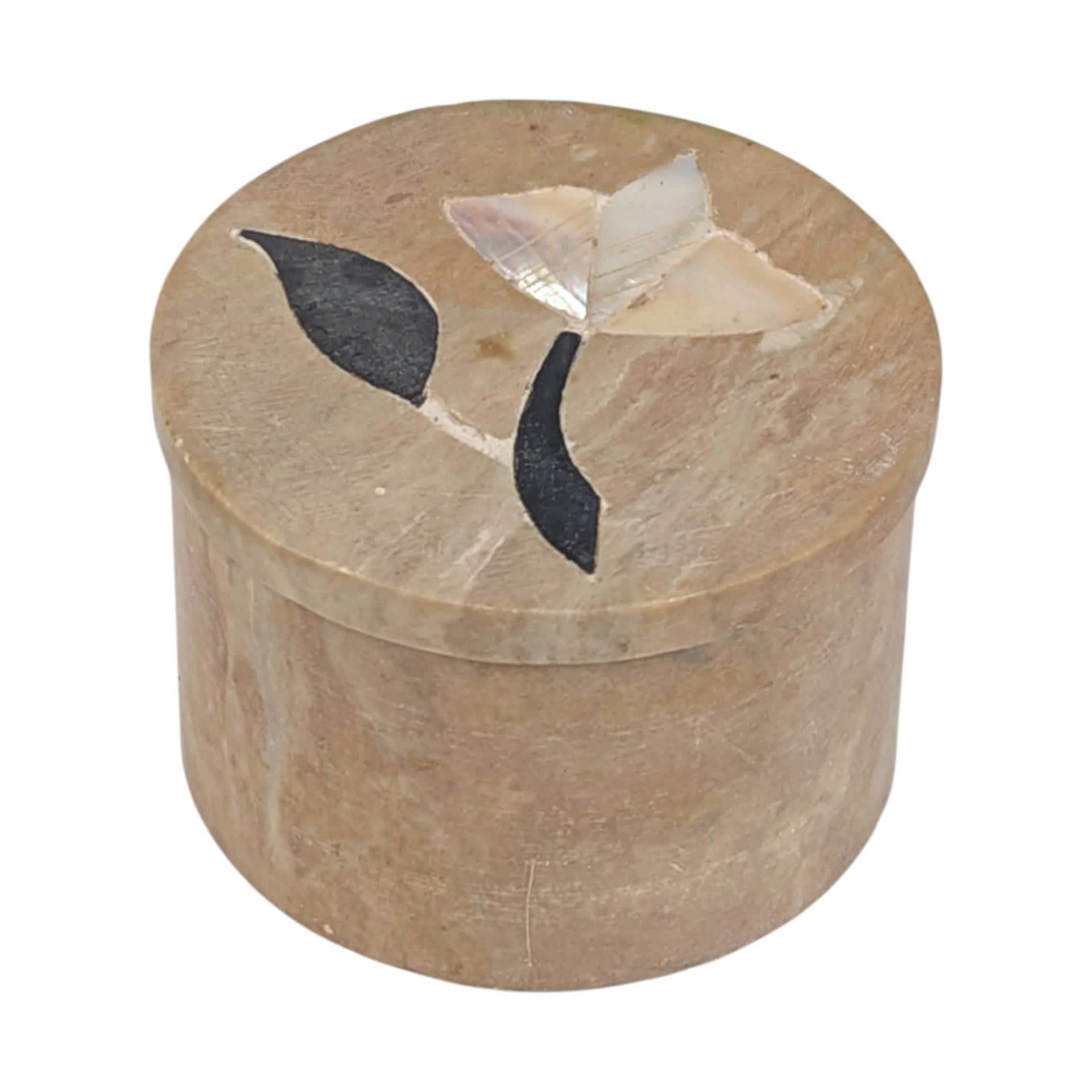 Vintage Stone Inlay Box, Small Round Trinket Box from India, Mother of Pearl Flower Ring Box, Handcrafted Soapstone Pill Box