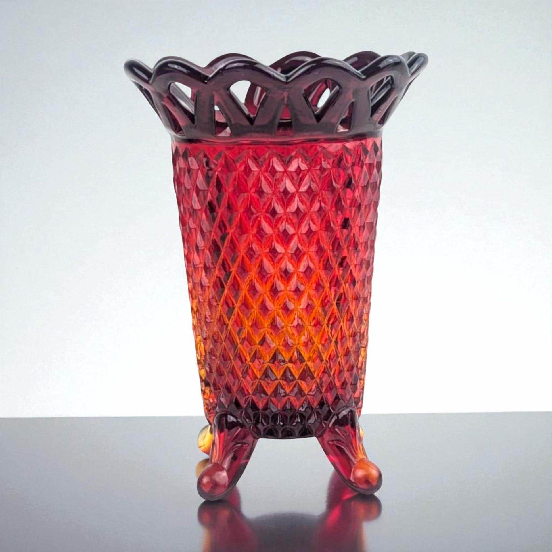 Vintage Imperial Amberina Glass Vase: Lace Edge Diamond Point, Mid Century