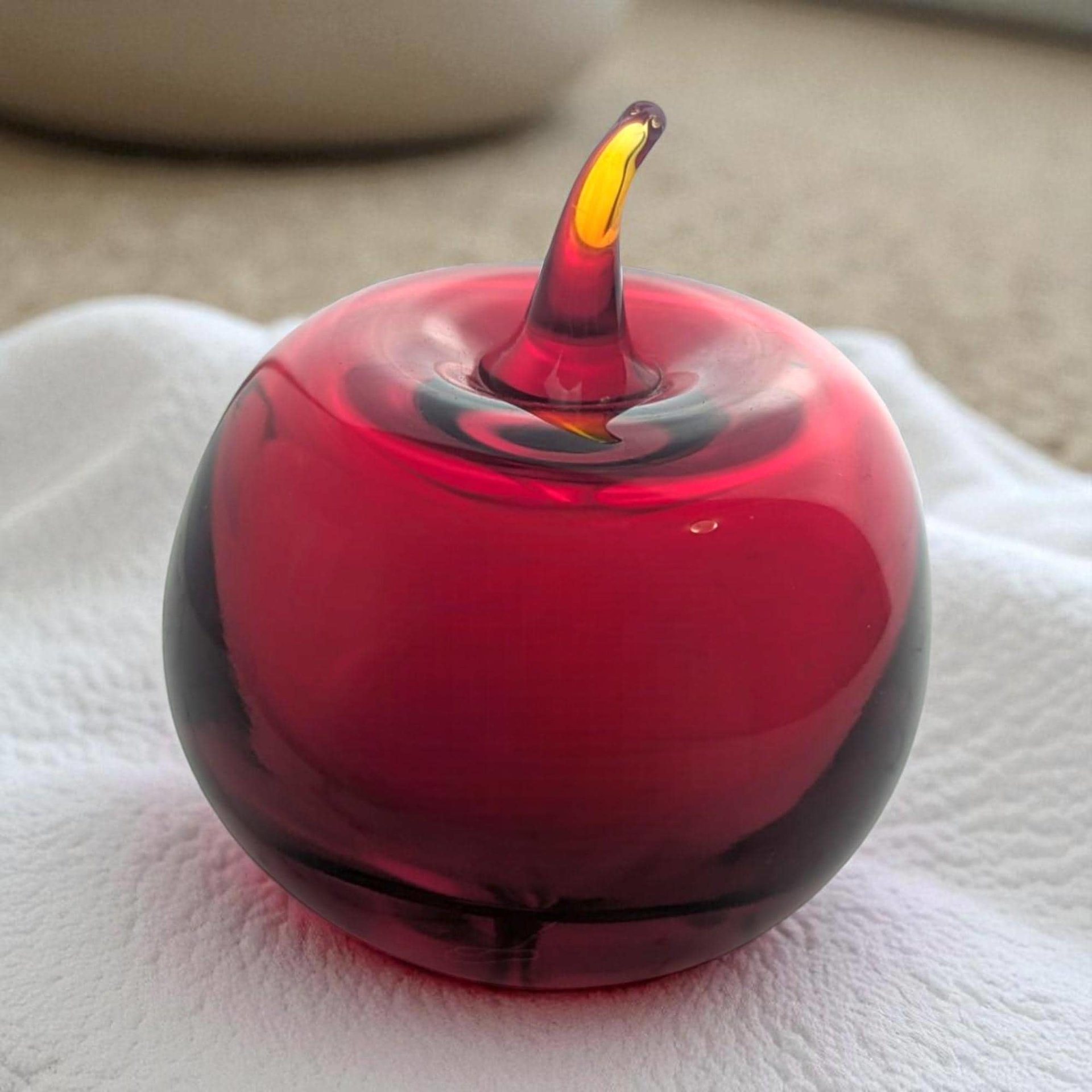 Vintage Hand Blown Art Glass Apple Paperweight: Mid Century Modern Desk Decor