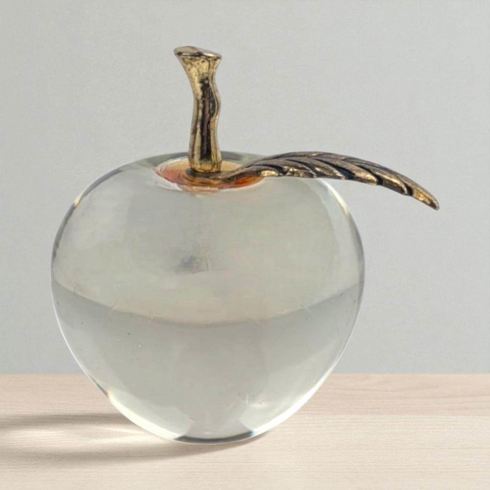 Vintage Glass Apple Paperweight: Brass Stem, Clear Crystal Desk Decor