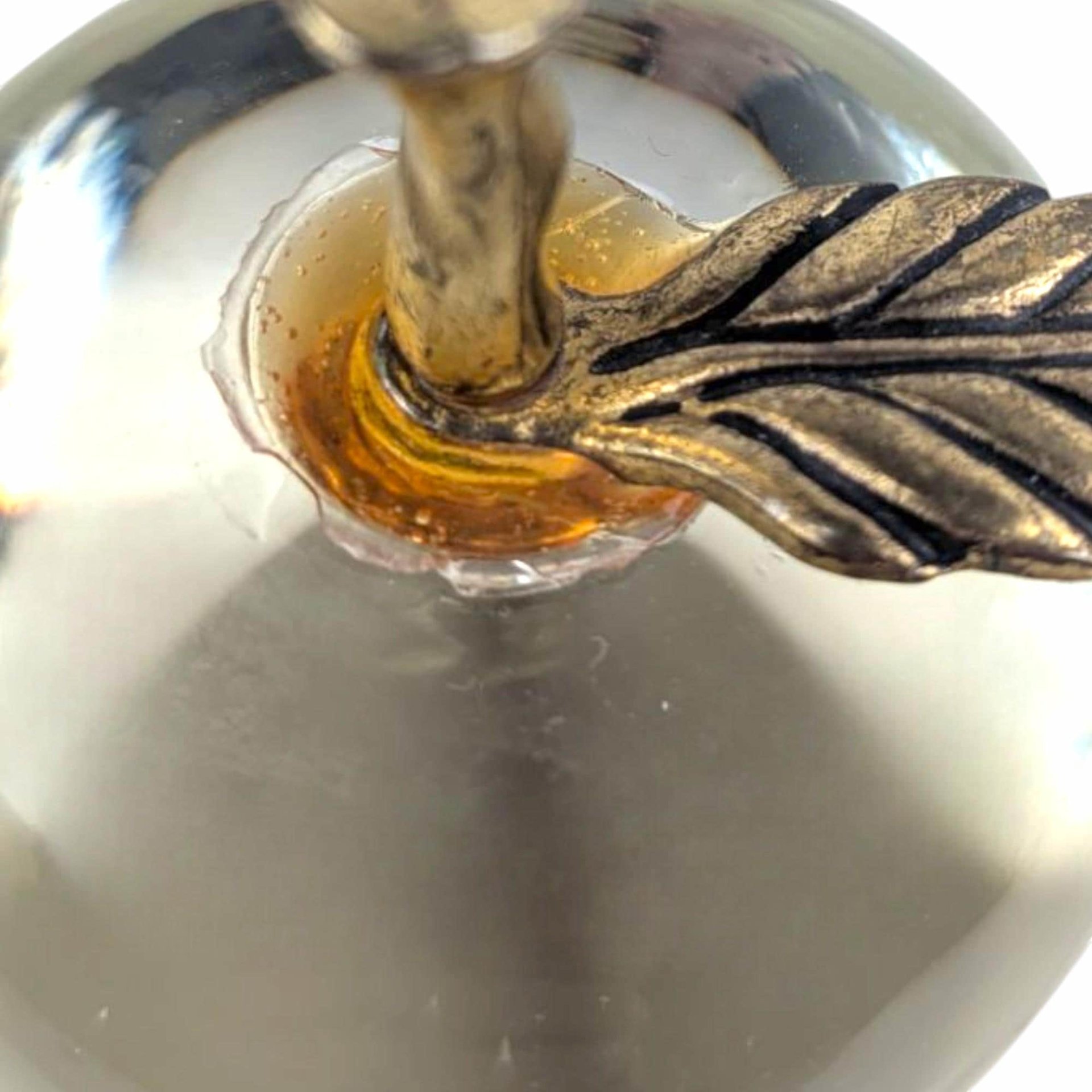 Vintage Glass Apple Paperweight: Brass Stem, Clear Crystal Desk Decor