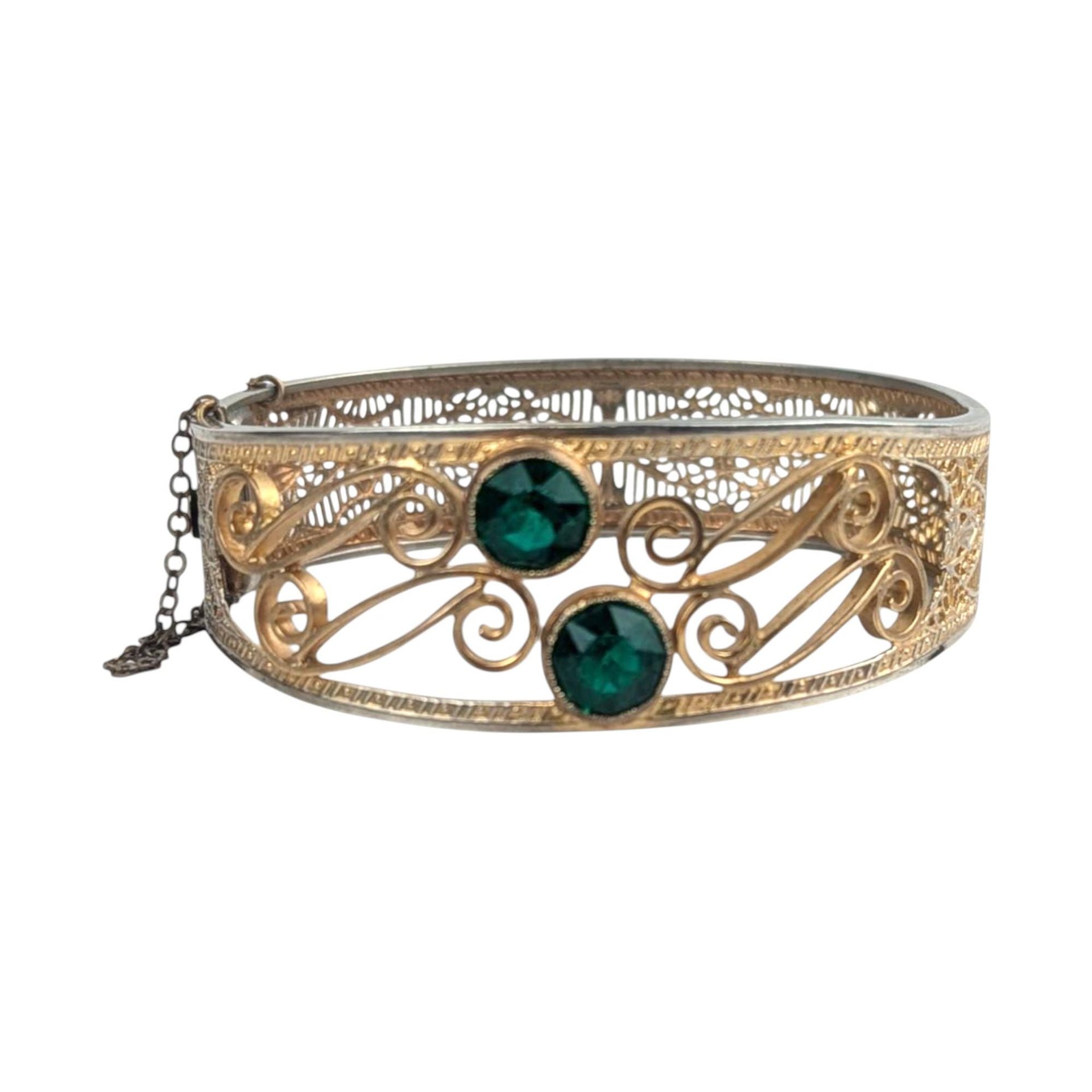 Vintage Gold Filigree Bangle: Green Stone Art Nouveau Cuff