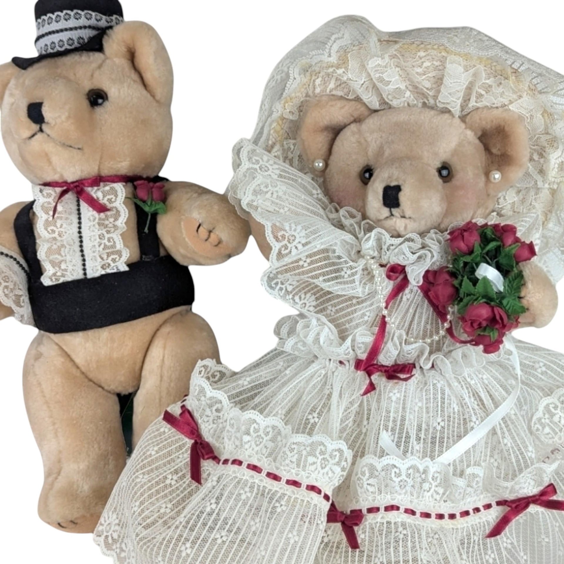 Vintage Plush Bride & Groom Teddy Bears: Posable Wedding Decor