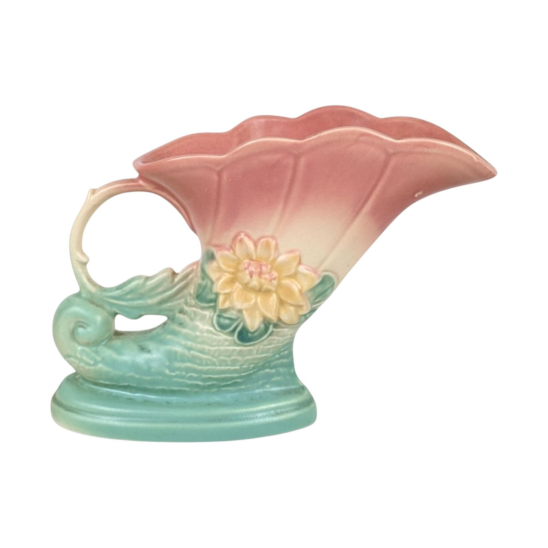 Vintage Hull Pottery Cornucopia Vase: Pink & Turquoise Waterlily, 1940s Art Deco
