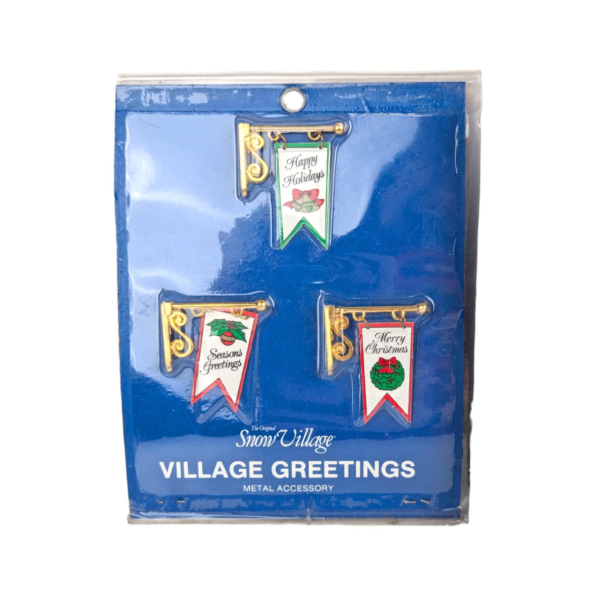 Vintage Dept 56 Snow Village Greetings Signs Set of 6, NOS Metal Holiday Banners for Christmas Village Buildings, D56 Accessory