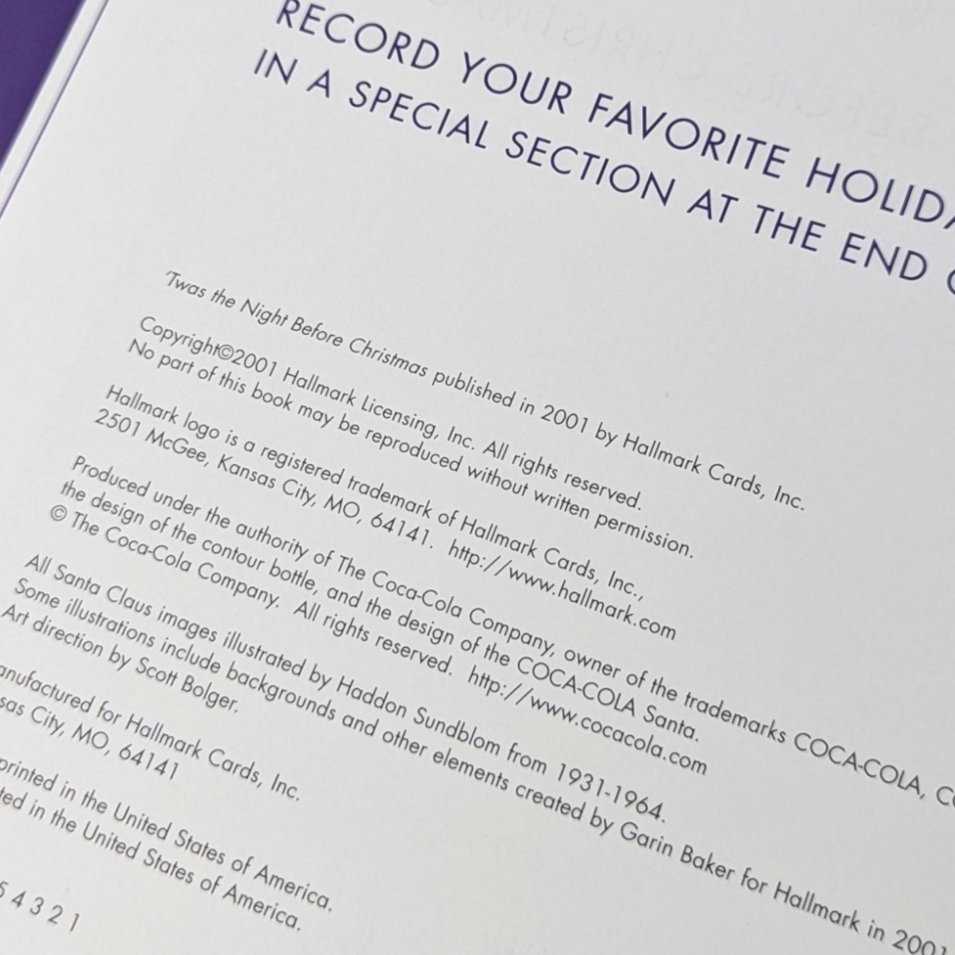 Coca-Cola Santa 'Twas the Night Before Christmas Book: 2001 Vintage Holiday Decor