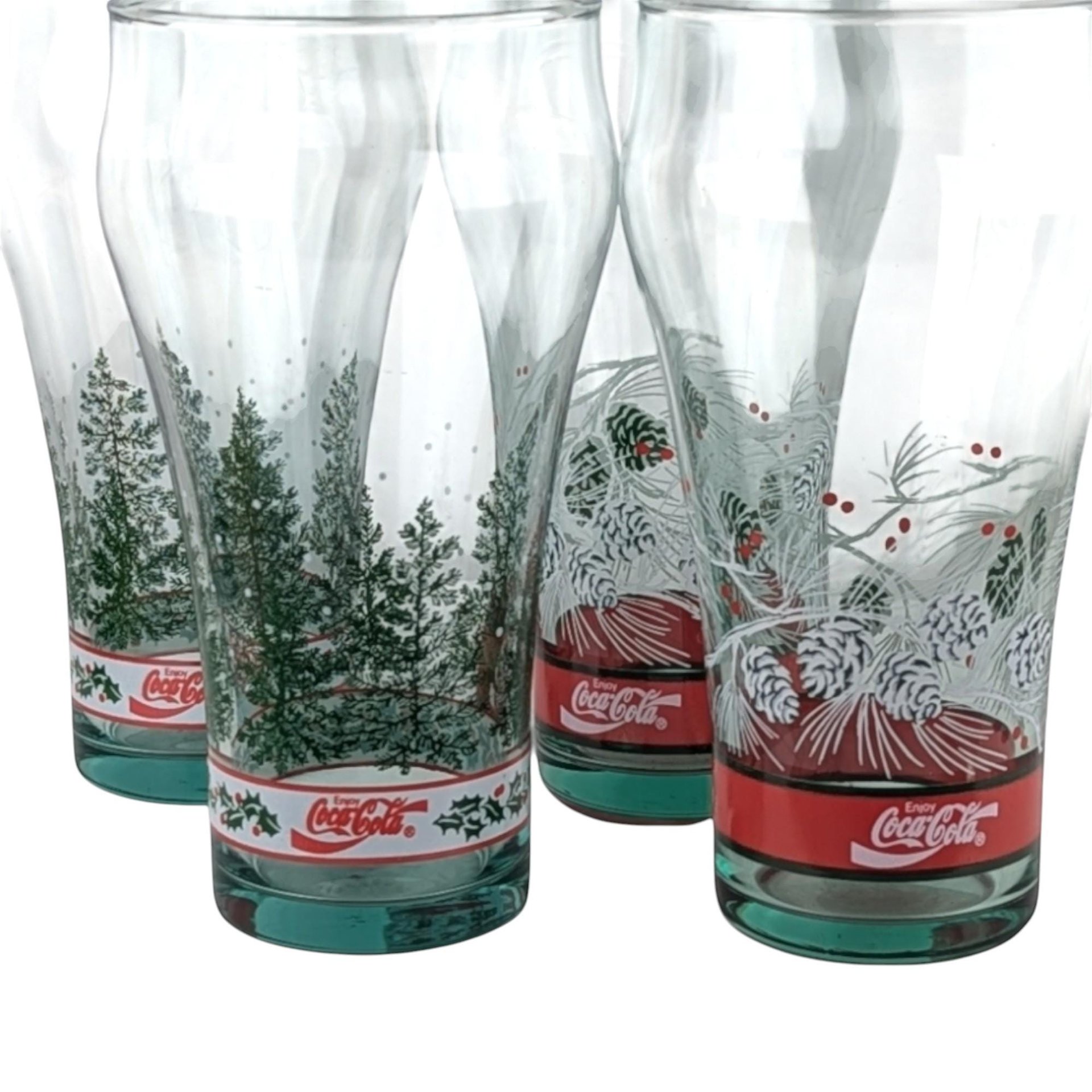 Vintage Coca-Cola Christmas Glasses (Set of 4) - Pine Cone & Tree Design