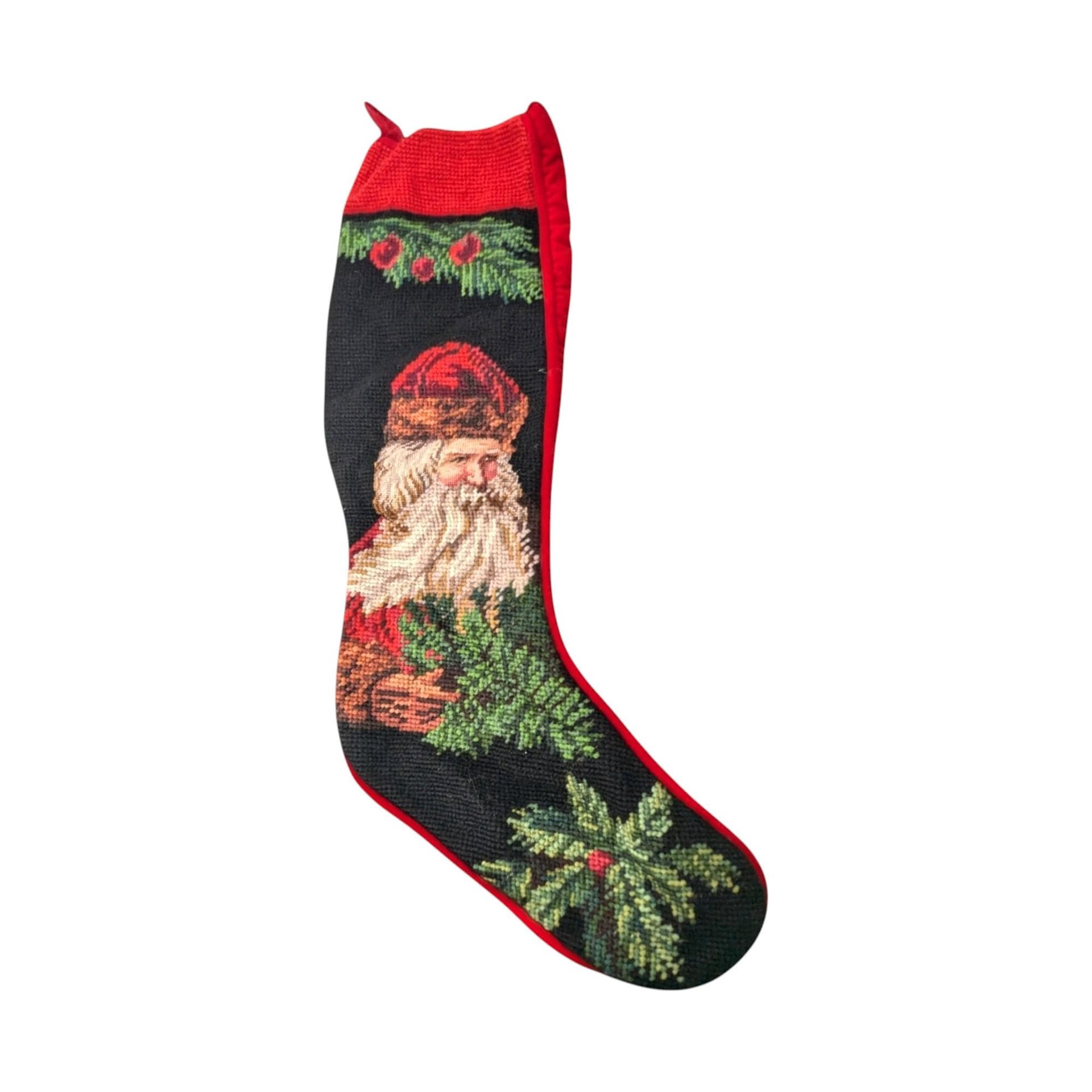Vintage Old World Santa Needlepoint Stocking: 20" Handmade Holiday Decor