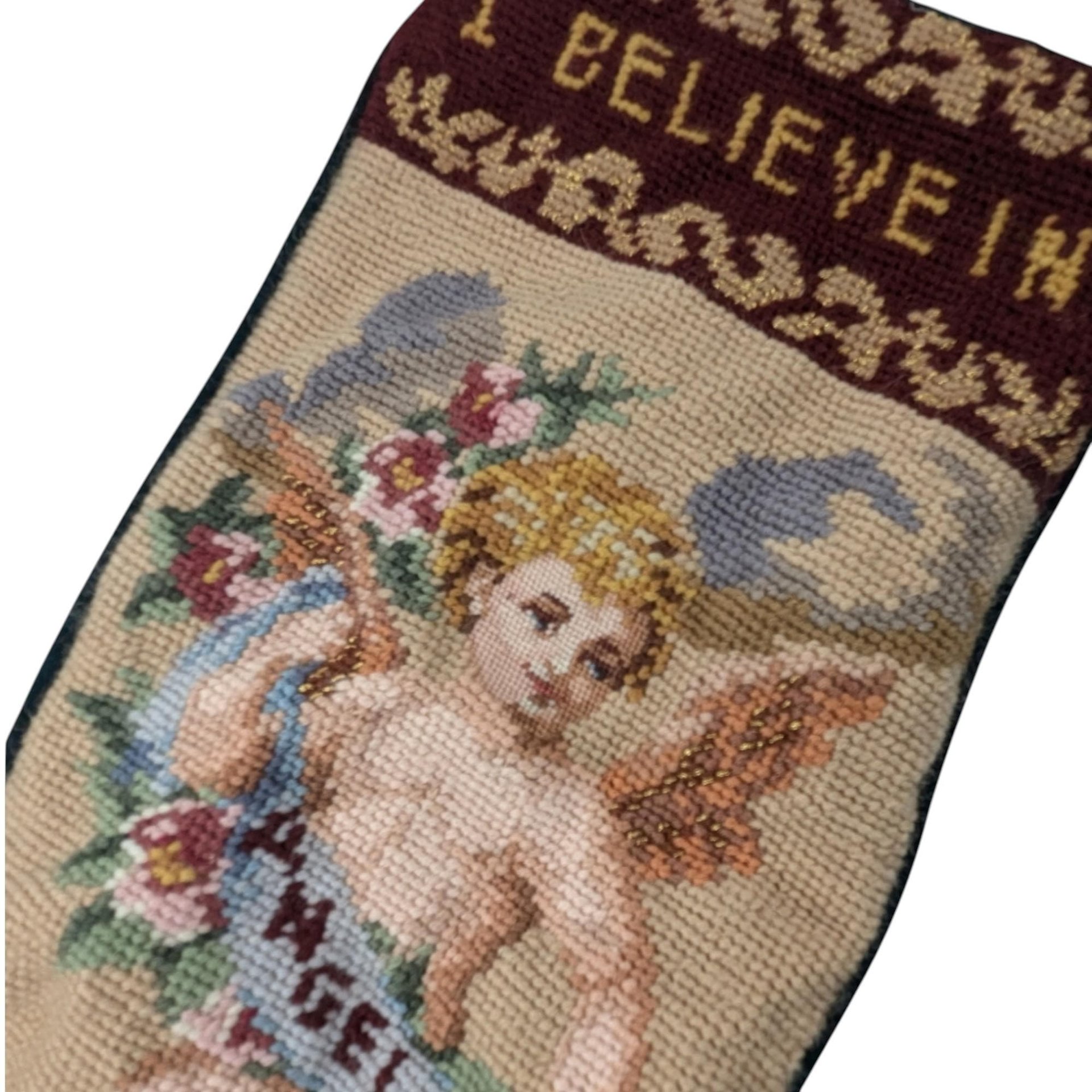 Vintage Needlepoint Christmas Stocking: "I Believe in Angels" Cherub