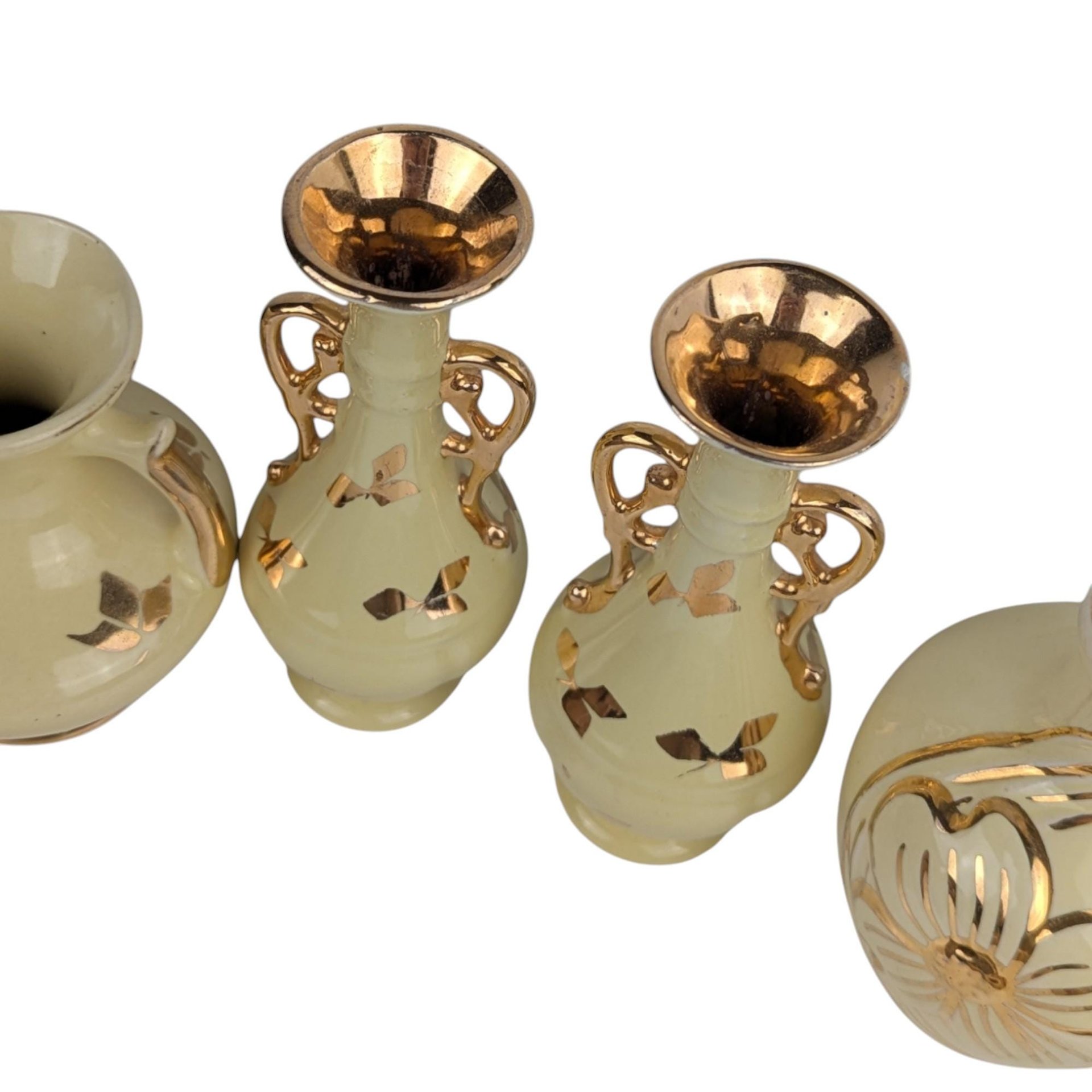 Set of 4 Vintage Yellow Vases: Art Deco & MCM Ceramic Decor with Gold Accents