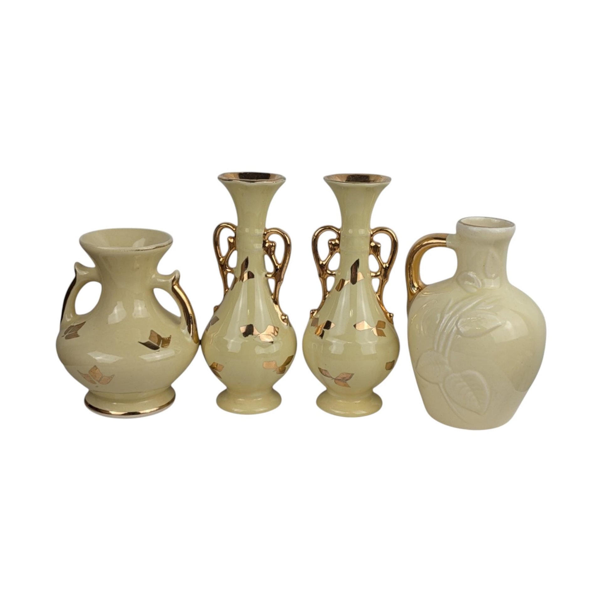 Set of 4 Vintage Yellow Vases: Art Deco & MCM Ceramic Decor with Gold Accents