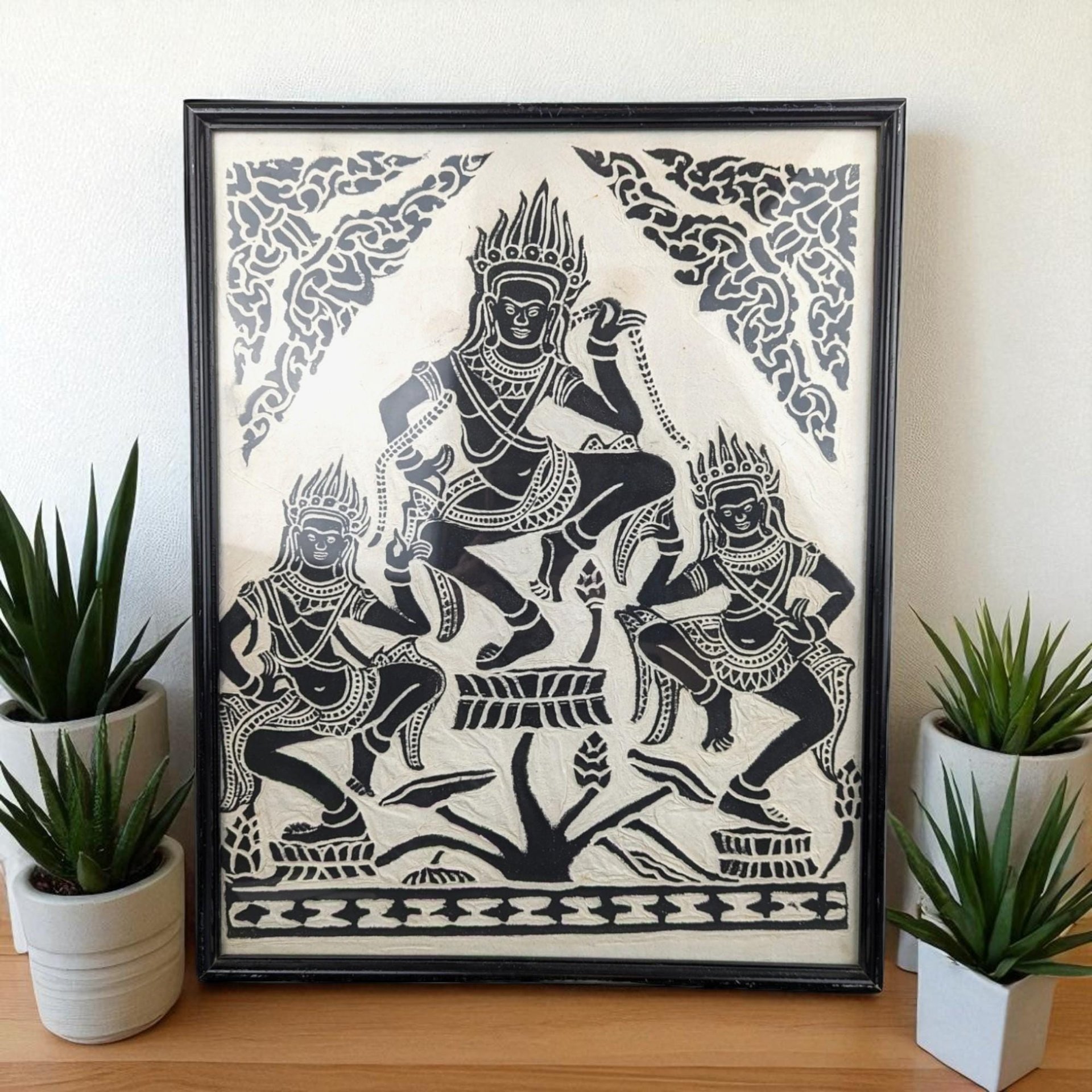 Vintage Framed Apsara dancers on Rice Paper Art: Asian Spiritual Decor