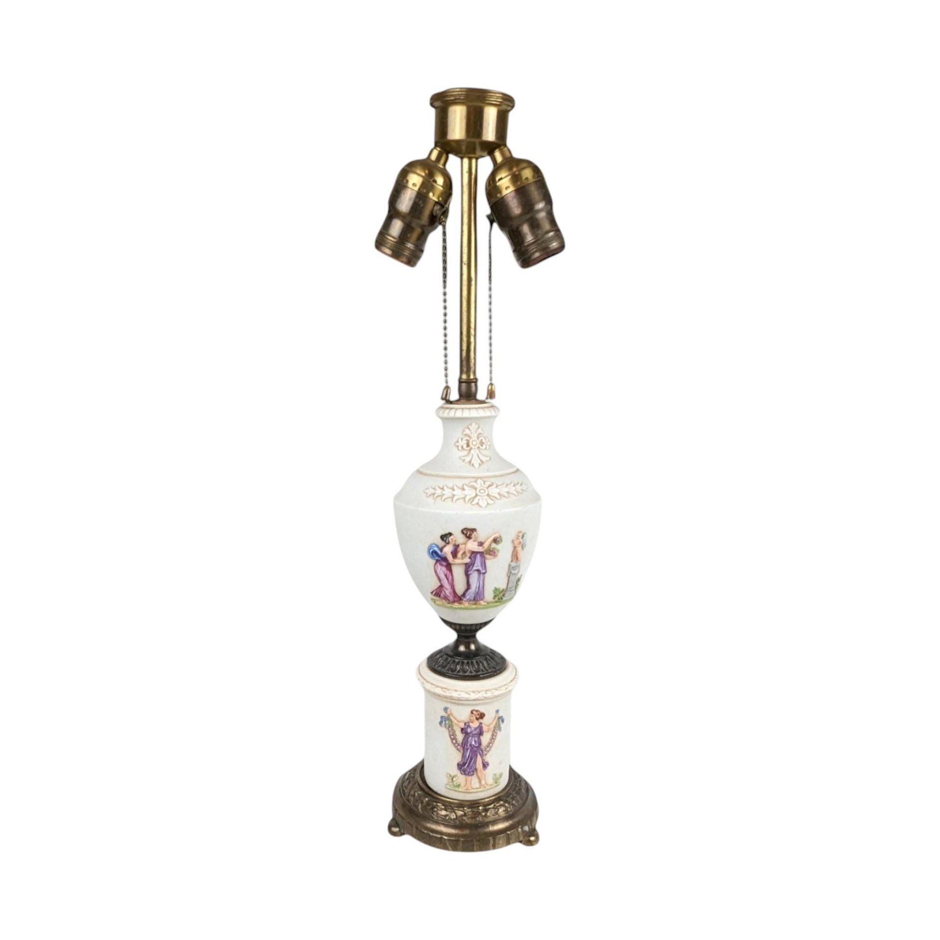 Antique Italian Ceramic Urn Lamp: Neoclassical Double Light Table Lamp