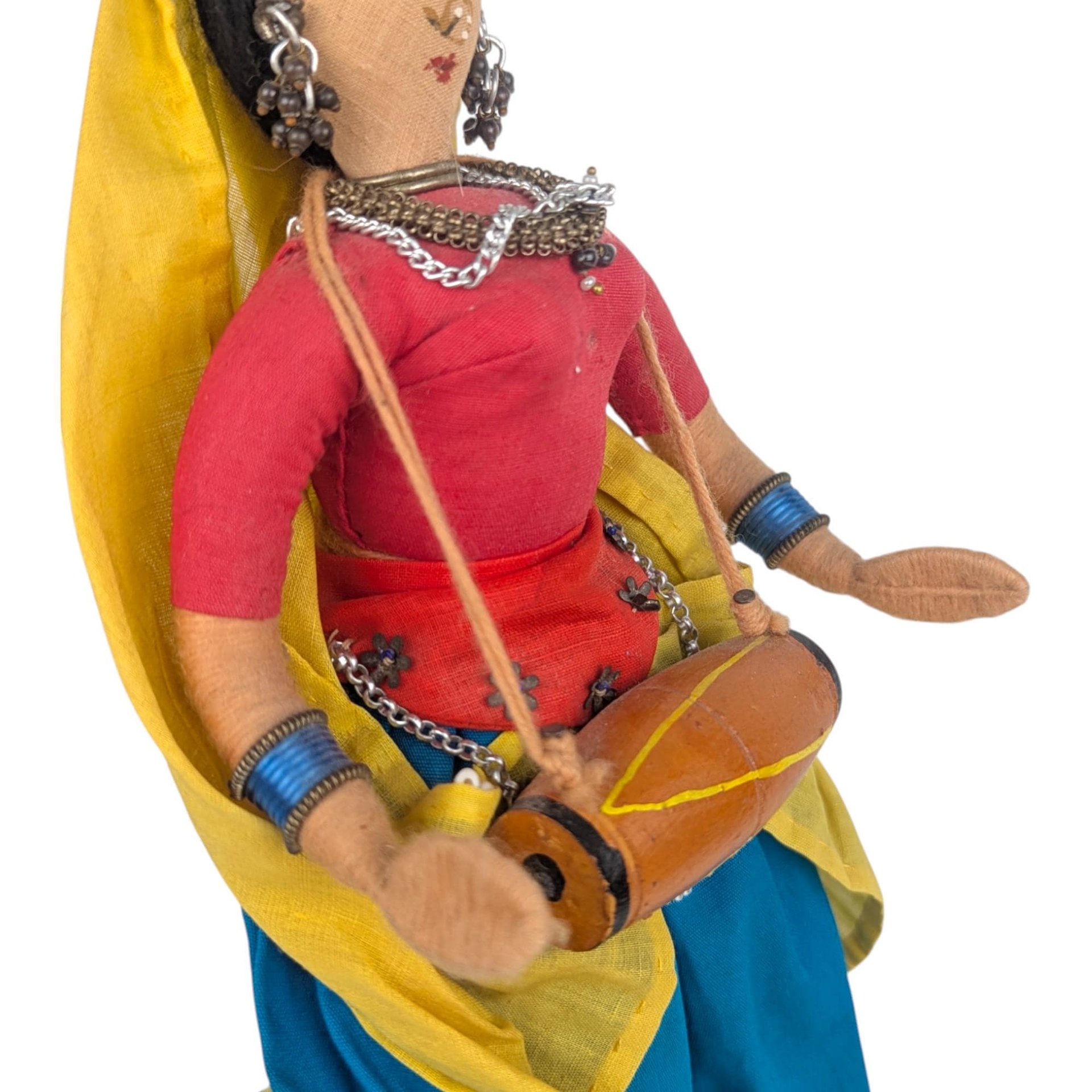 Vintage Indian Folk Art Doll: Woman Musician with Dholak Drum