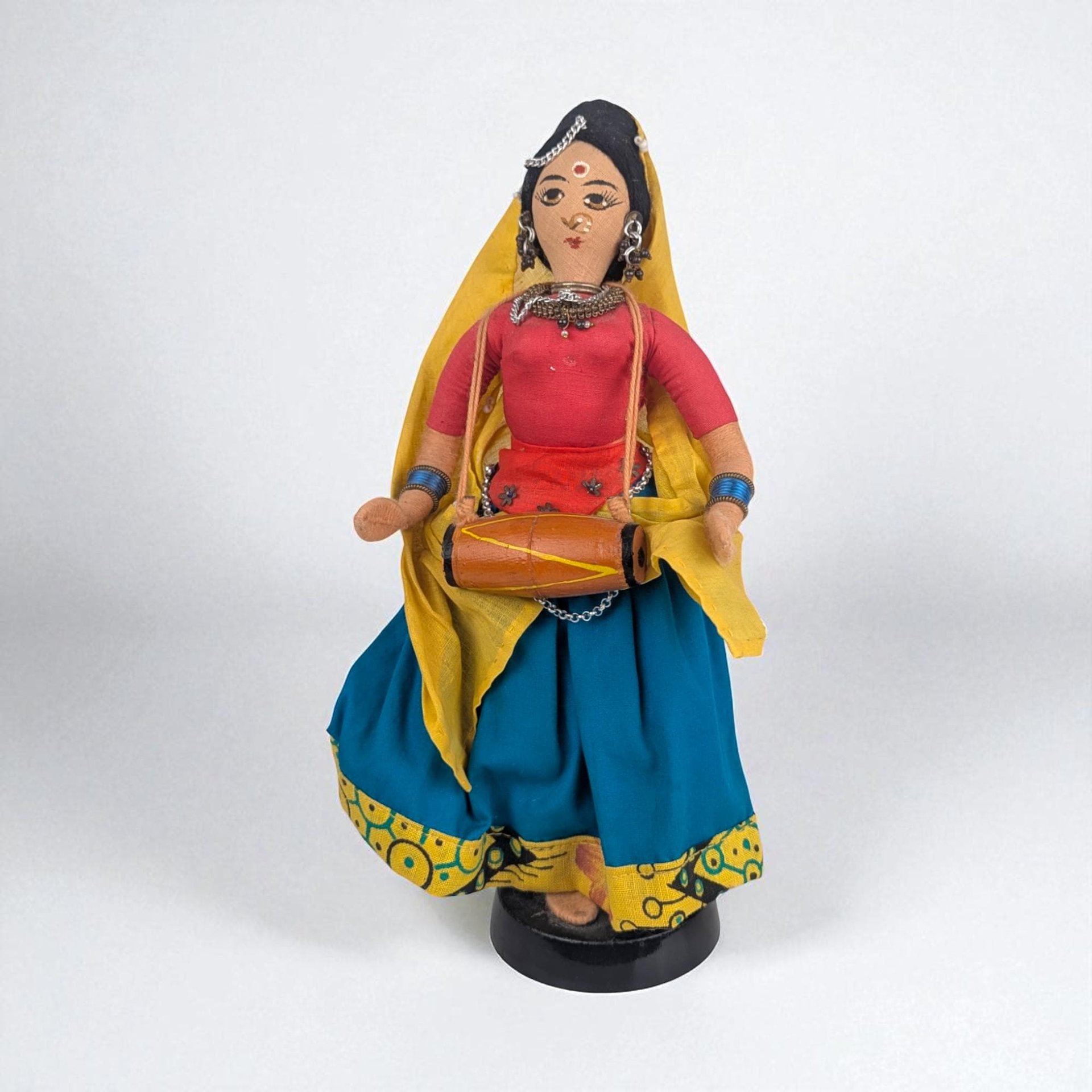 Vintage Indian Folk Art Doll: Woman Musician with Dholak Drum