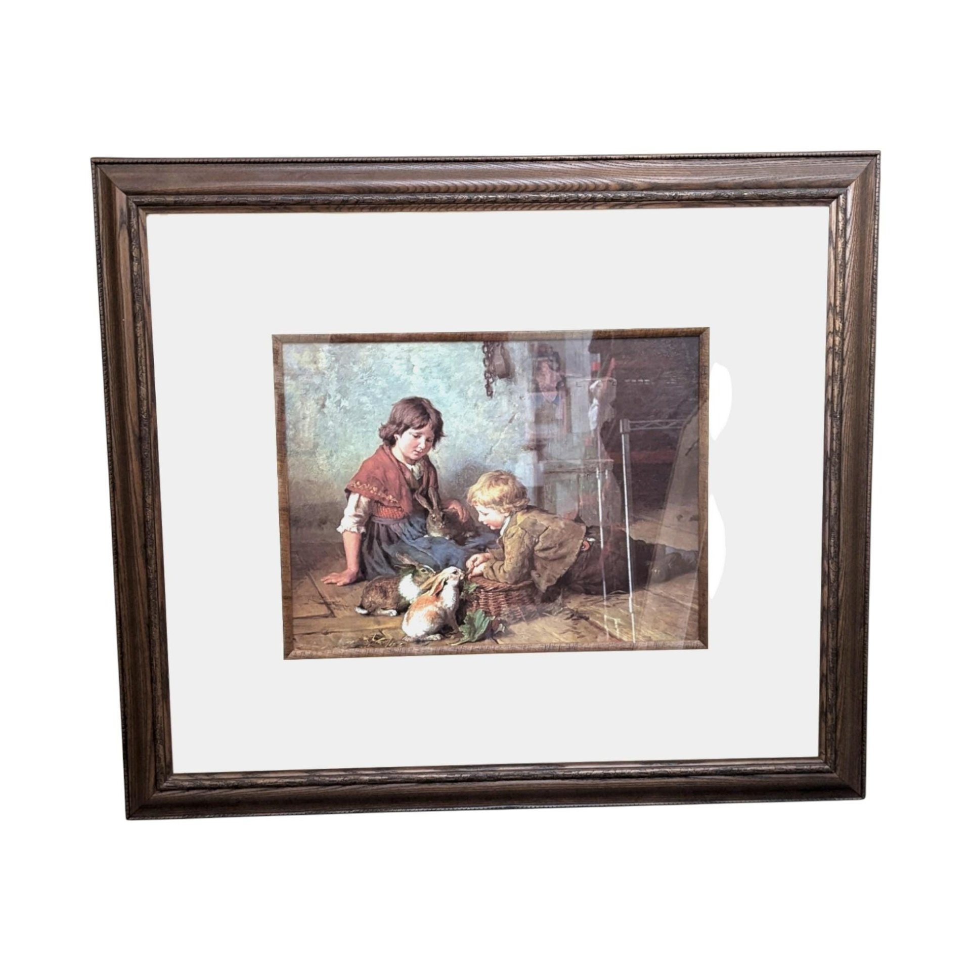 Vintage "Feeding the Rabbits" Print: Framed Nursery Art by Felix Schlesinger