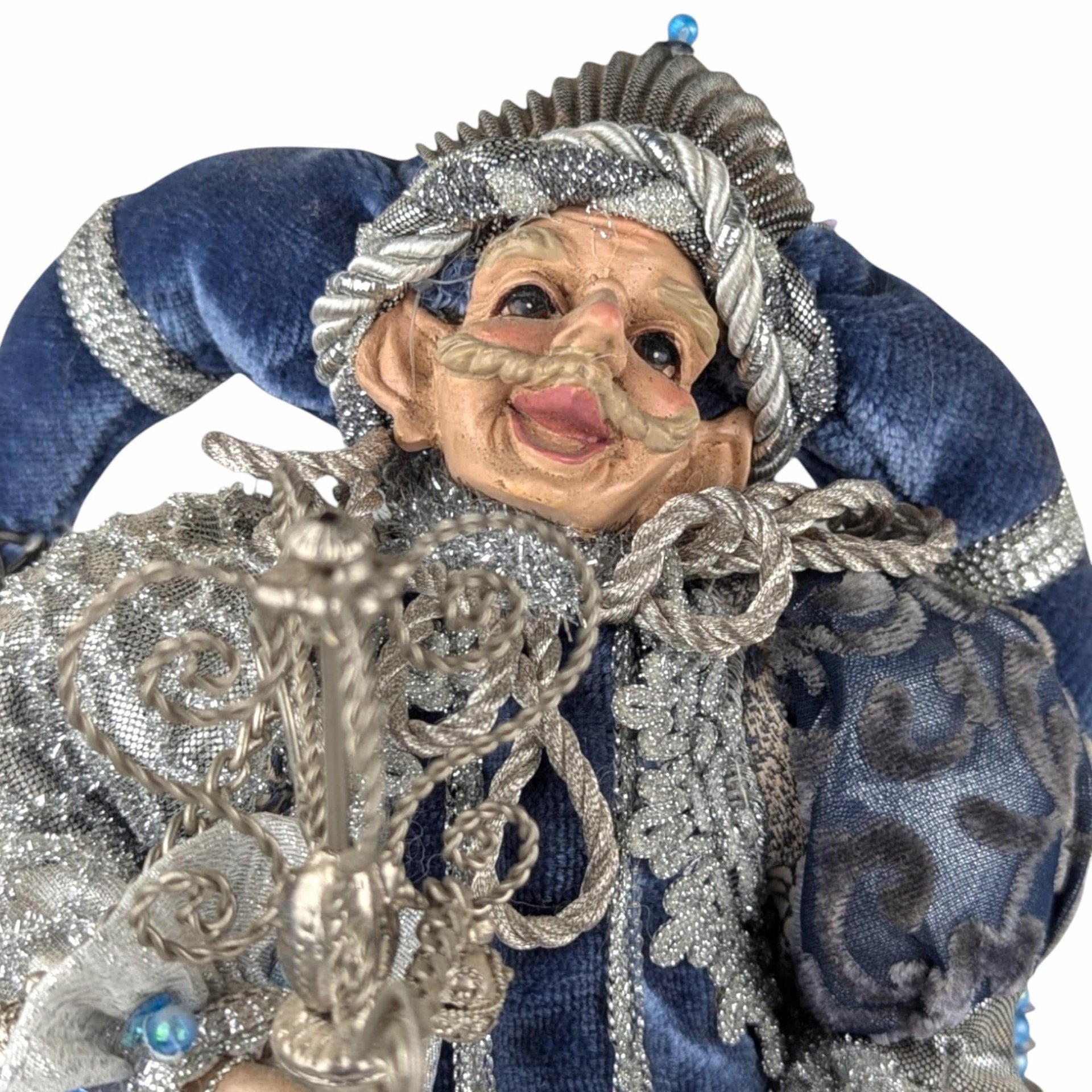 Vintage Santa's Elf Jester Figure: Whimsical Blue Christmas Decor