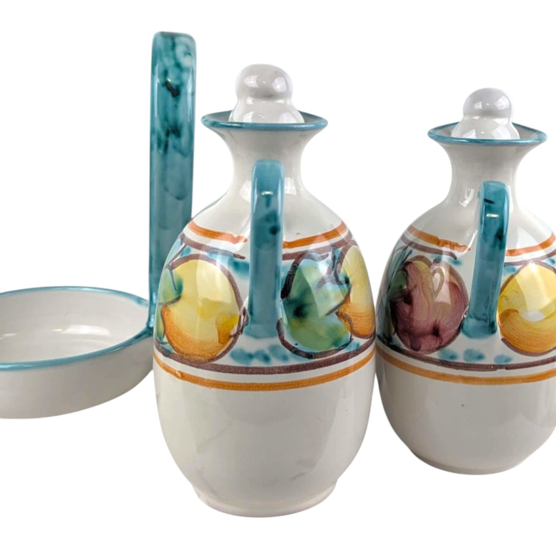 Vintage Italian Pottery Cruet Set: Hand-Painted Oil & Vinegar Bottles