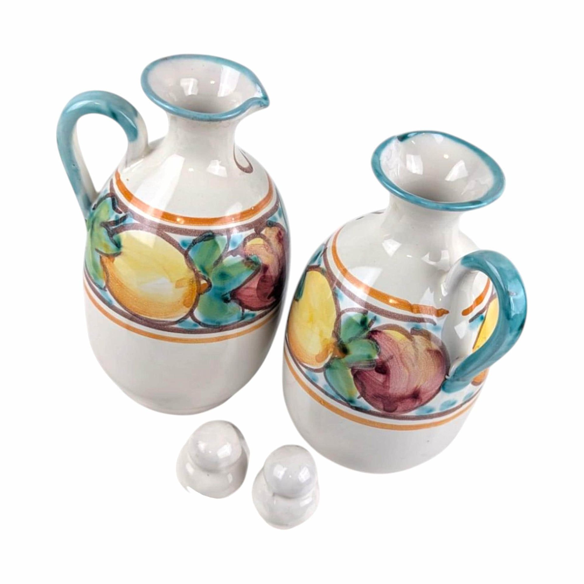 Vintage Italian Pottery Cruet Set: Hand-Painted Oil & Vinegar Bottles