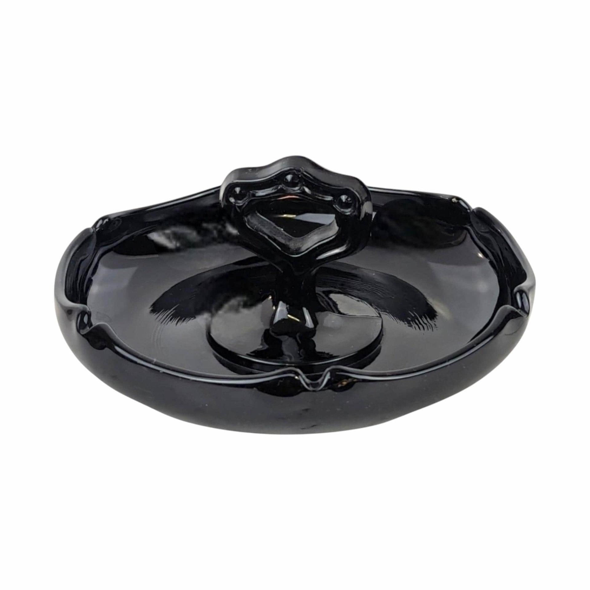 Vintage Black Glass Trinket Dish with Handle: Art Deco Vanity Tray