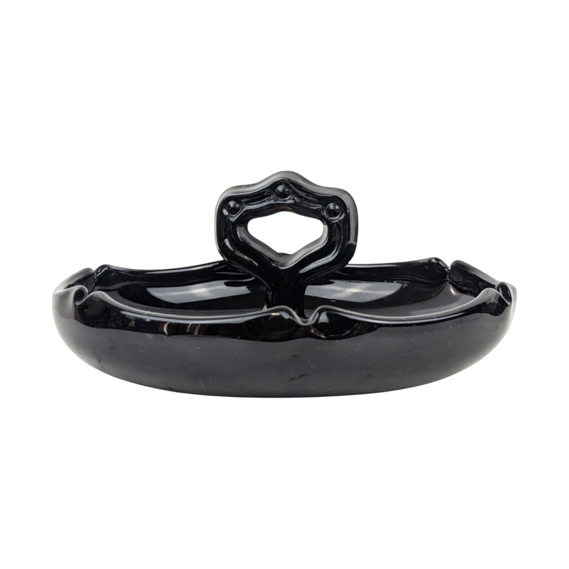 Vintage Black Glass Trinket Dish with Handle: Art Deco Vanity Tray