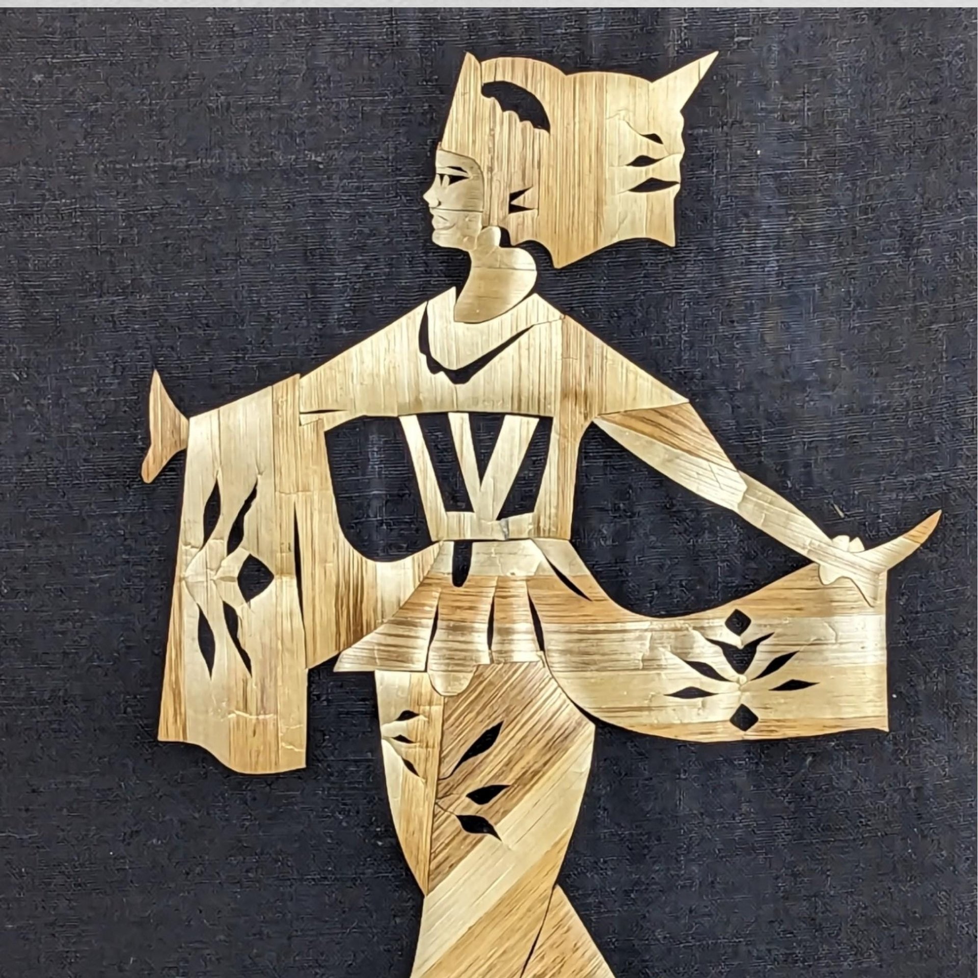 Vintage Asian Straw Art: Dancing Couple, Boho Wall Decor (11.5x15 Inches Unframed)