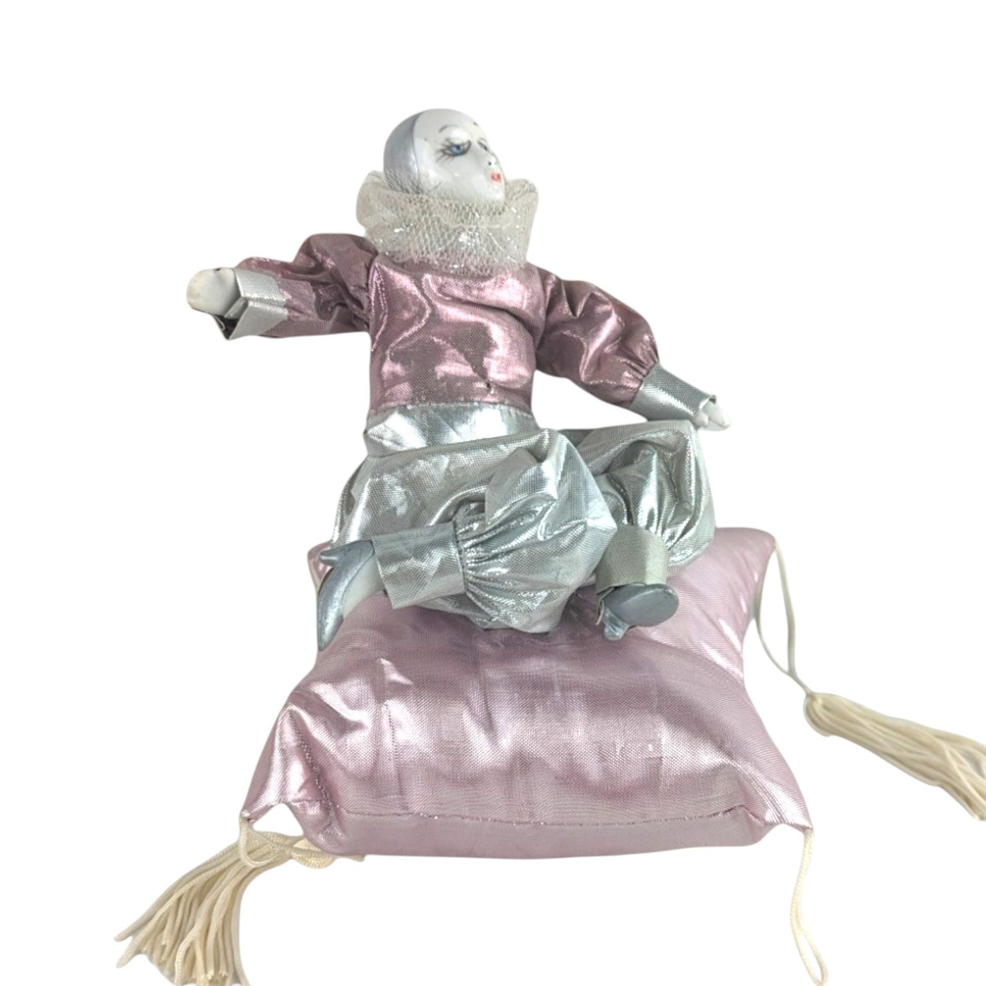Vintage Harlequin Doll: Pink & Silver Jester, 6 Inch Clown on Pillow