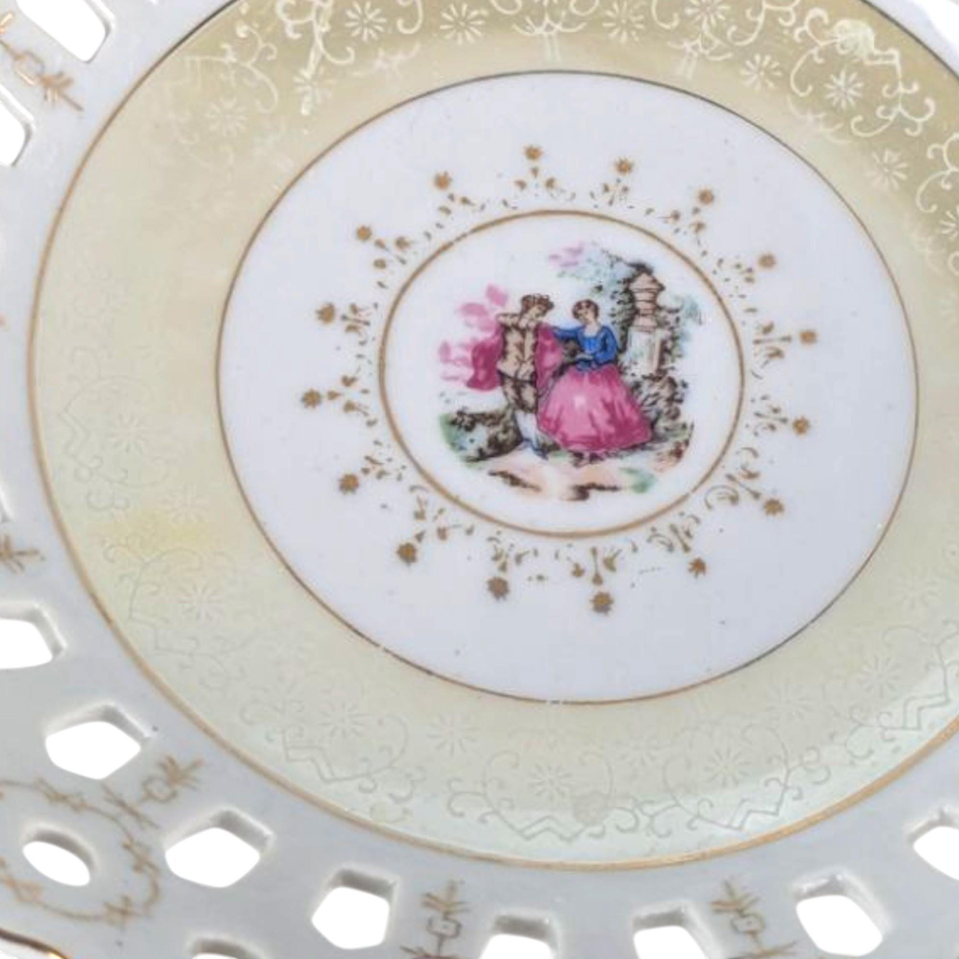 Vintage Arnart Pedestal Bowl M4036: Reticulated Compote Dish with Fragonard Scene