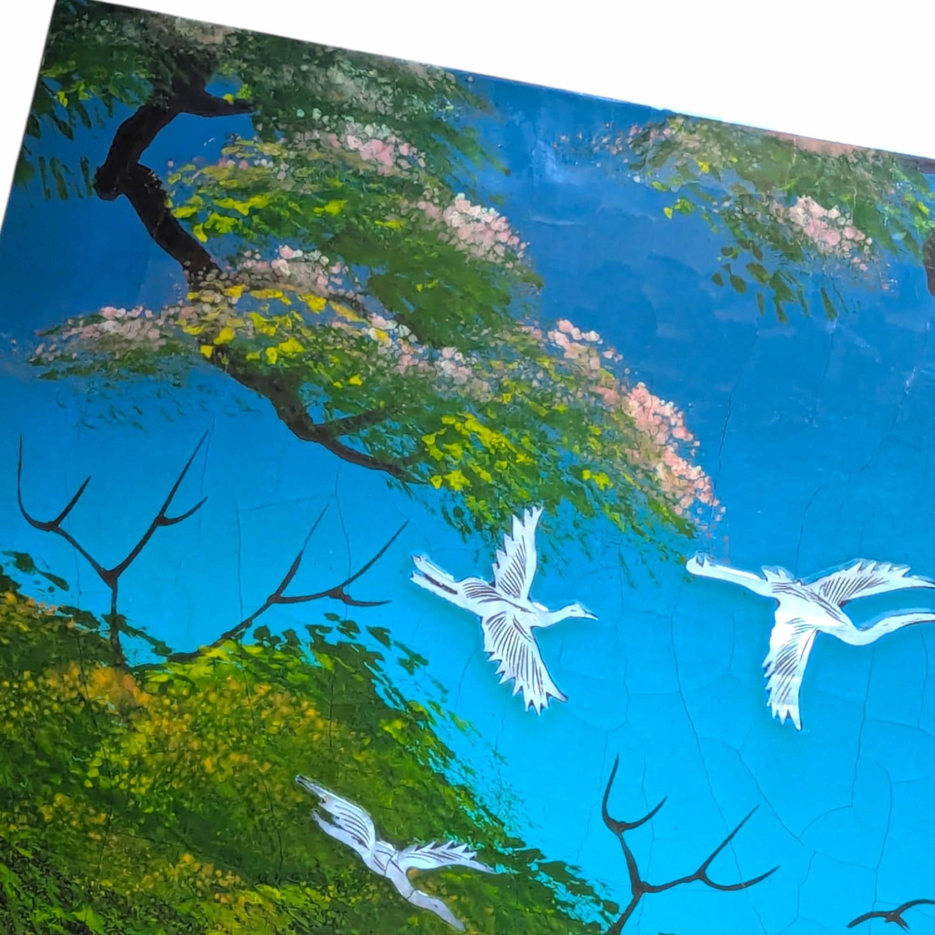 Large Vintage Mother of Pearl Inlay Wall Art, Asian Lacquer Panel with Cranes and Tree, Wall Hanging, Oriental Home Decor