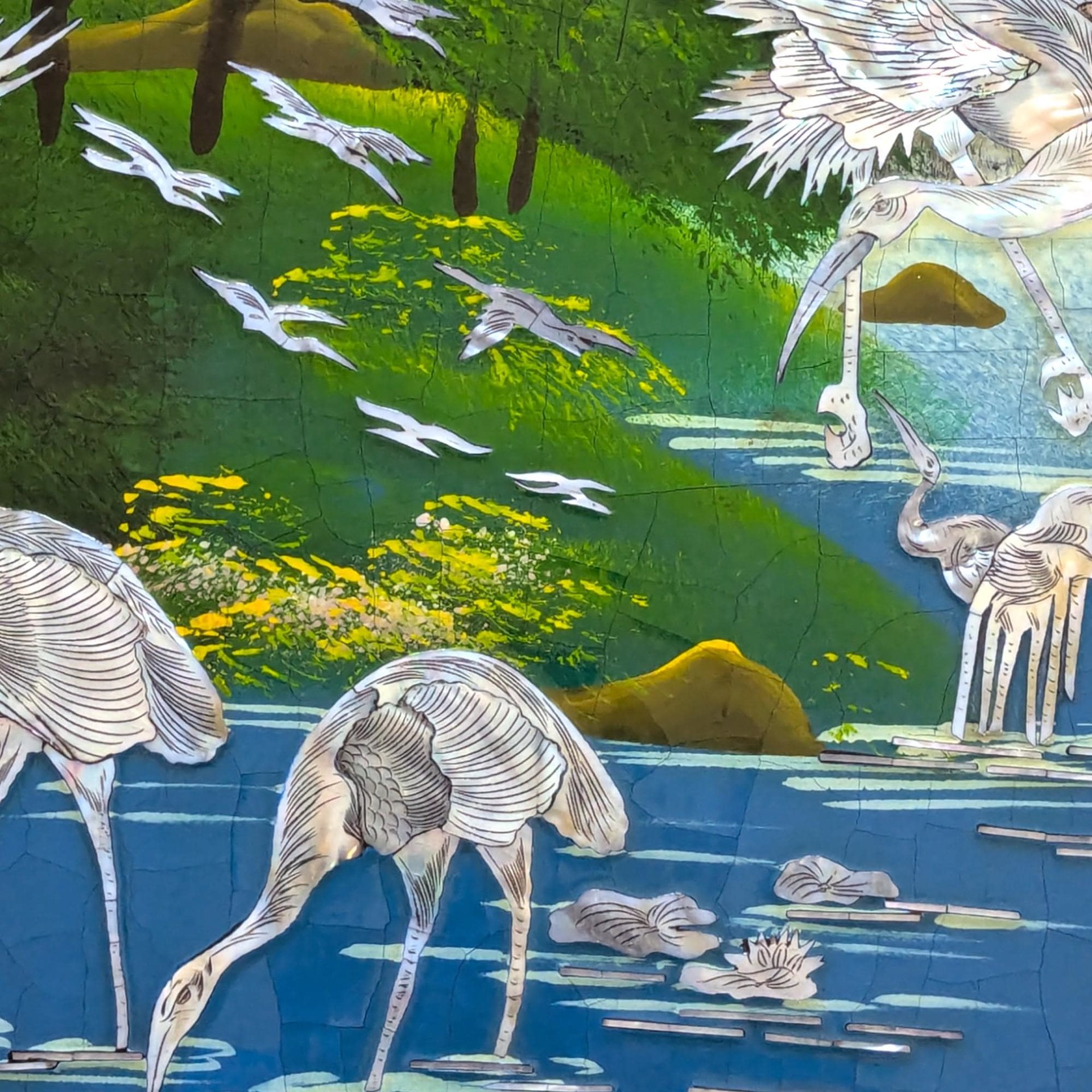 Large Vintage Mother of Pearl Inlay Wall Art, Asian Lacquer Panel with Cranes and Tree, Wall Hanging, Oriental Home Decor