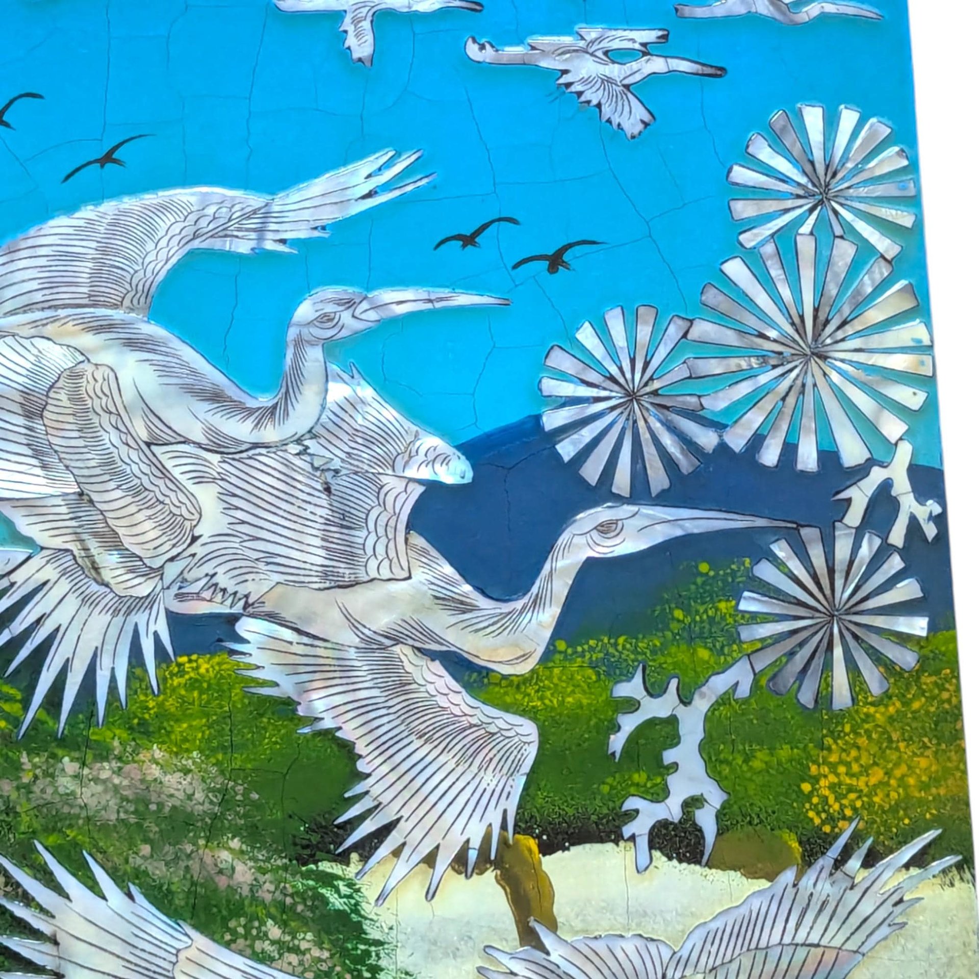 Large Vintage Mother of Pearl Inlay Wall Art, Asian Lacquer Panel with Cranes and Tree, Wall Hanging, Oriental Home Decor