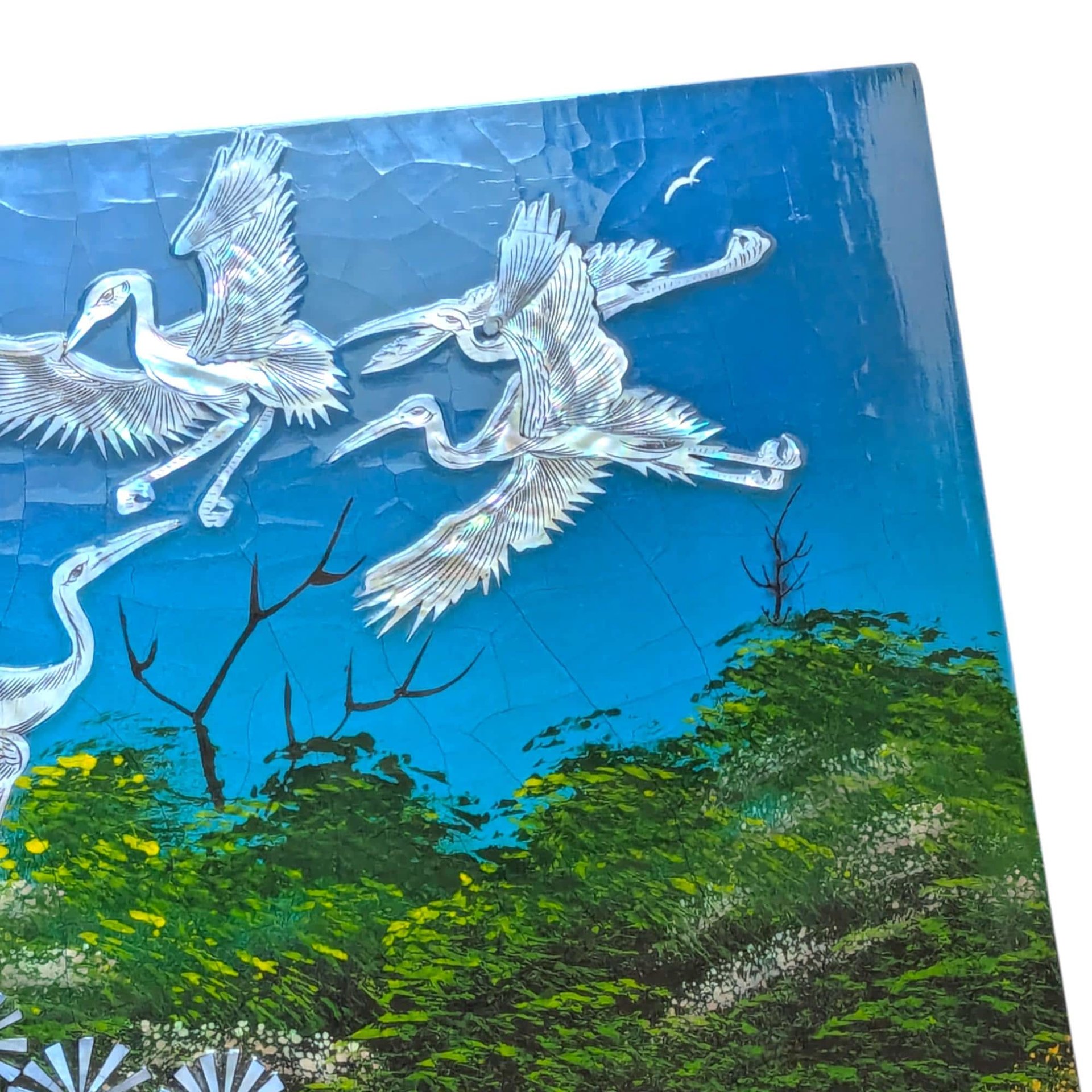 Vintage Mother of Pearl Inlay Panel, Large Asian Lacquer Wall Art with Cranes, Scenic Bird Wall Hanging, Oriental Decor