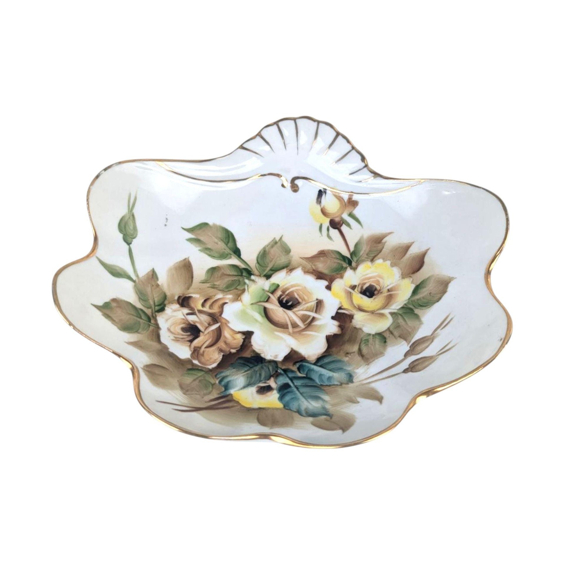 Vintage Ucagco Floral Trinket Dish: Hand Painted Roses, Gold Trim