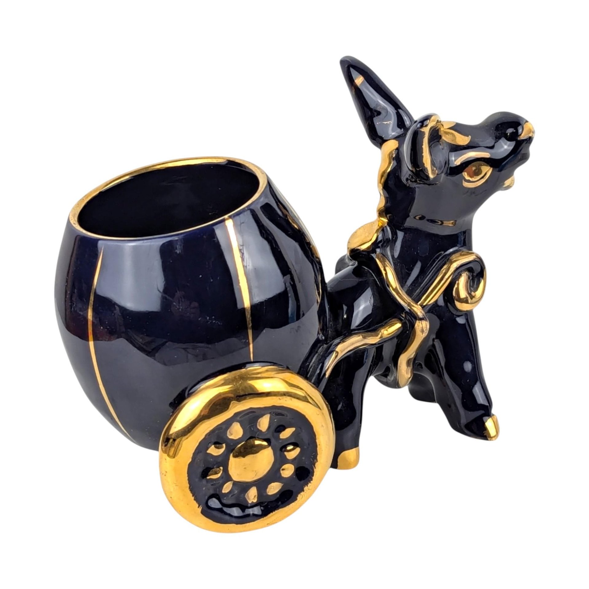 Vintage Italian Ceramic Donkey and Cart Figurine: Blue & Gold Decor