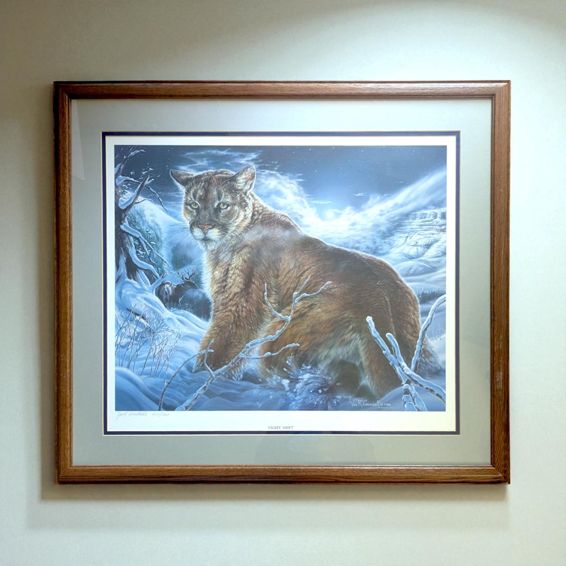 Vintage Large Jack Crandall The Night Shift Signed and Numbered Print, Framed Cougar Art, Limited Edition Wildlife Art, Mountain Lion Wall