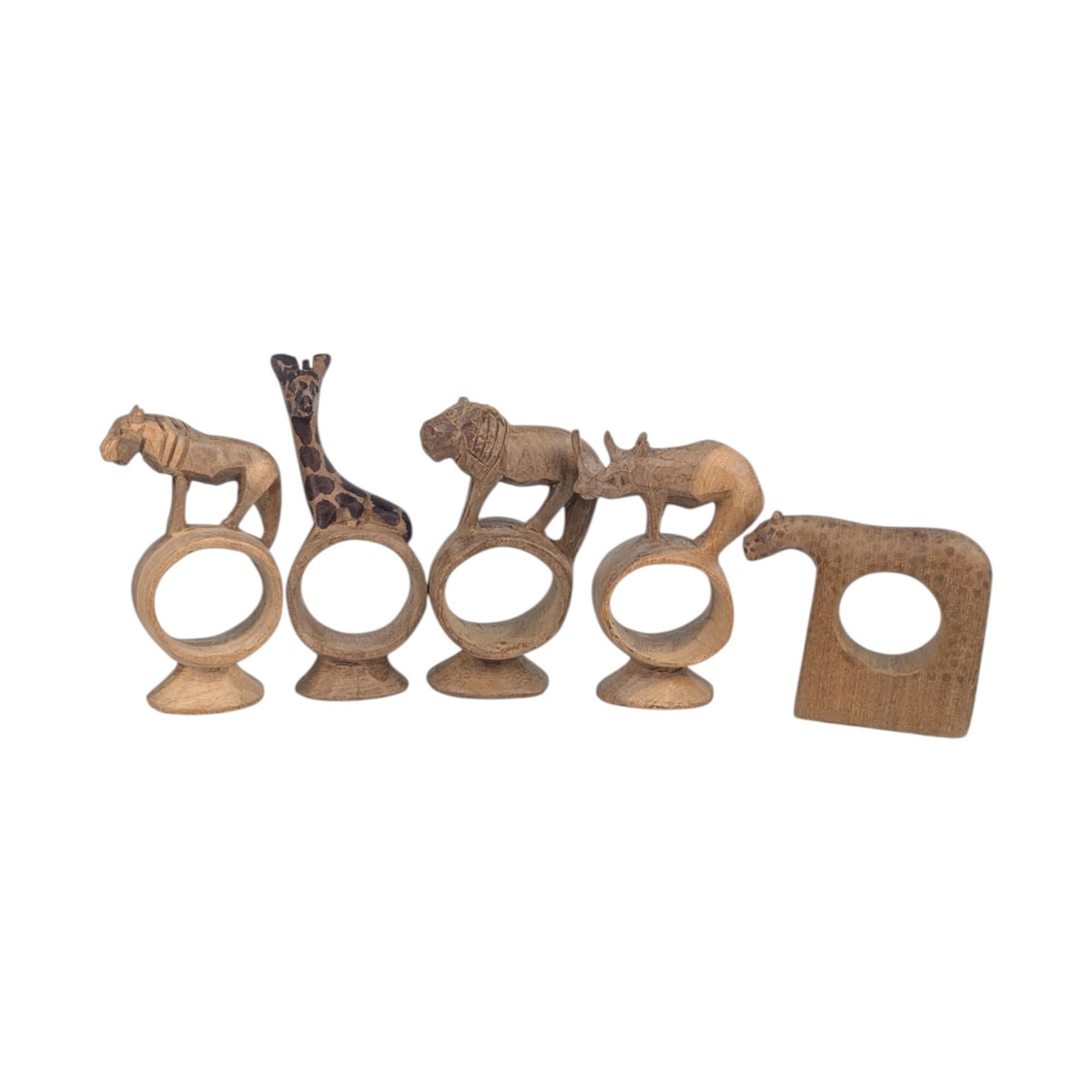 Vintage Hand Carved Napkin Rings, Set of 5 Wooden Safari Animal Napkin Holders, Kenyan Folk Art Table Decor, African Animal Hostess Gift