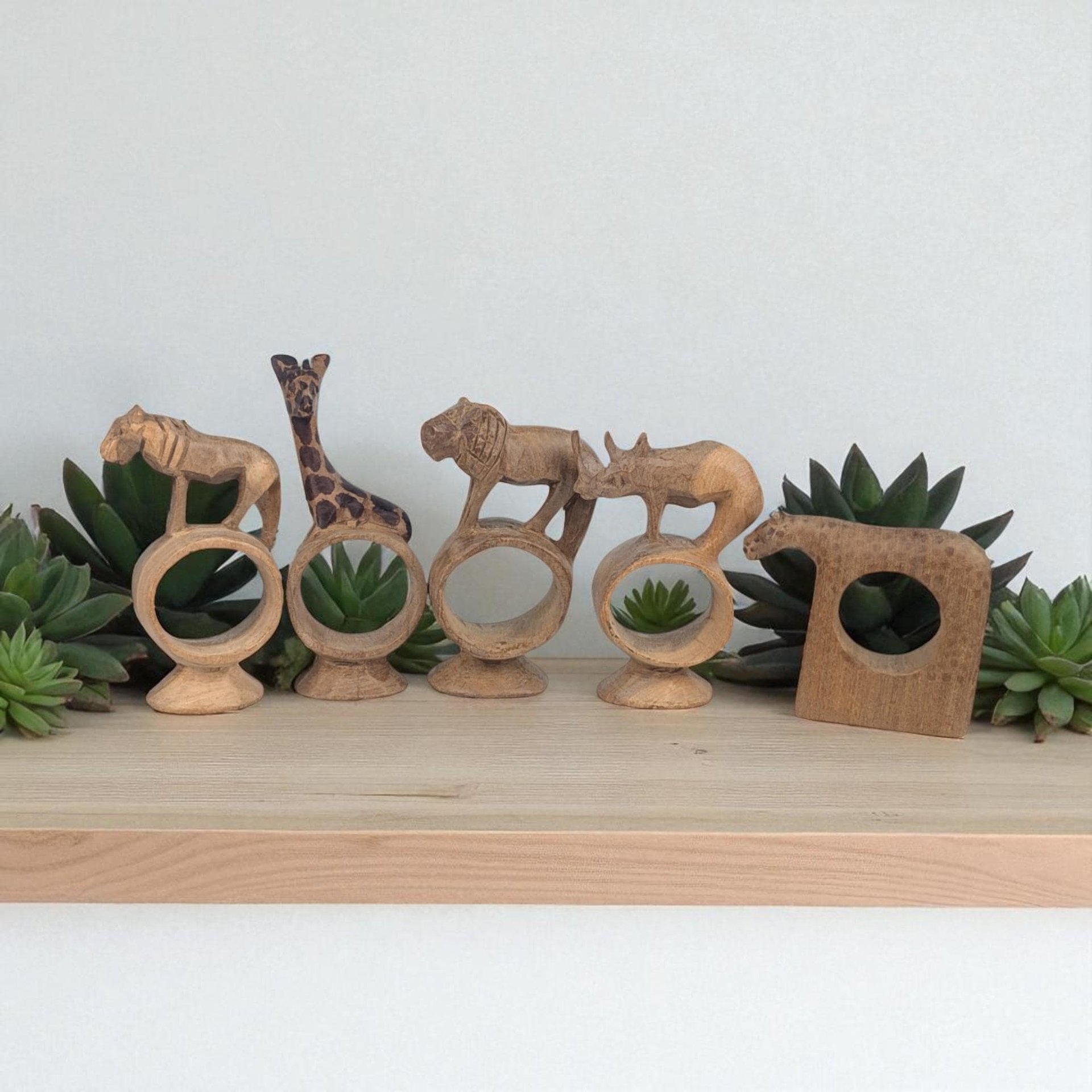 Vintage Hand Carved Napkin Rings, Set of 5 Wooden Safari Animal Napkin Holders, Kenyan Folk Art Table Decor, African Animal Hostess Gift