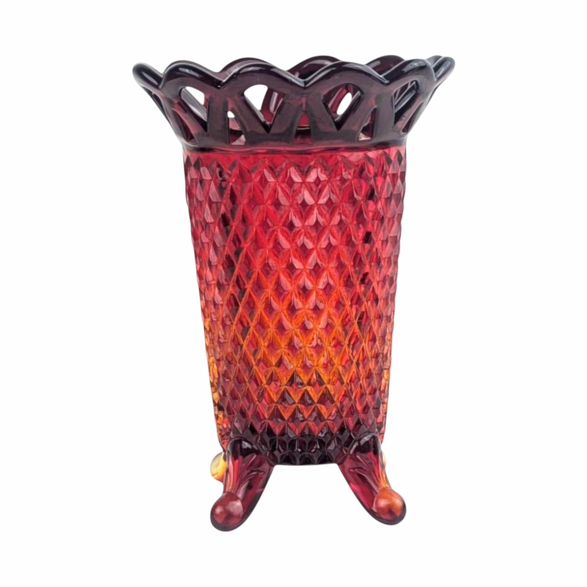 Vintage Imperial Amberina Glass Bud Vase: Lace Edge Diamond Point, Mid Century