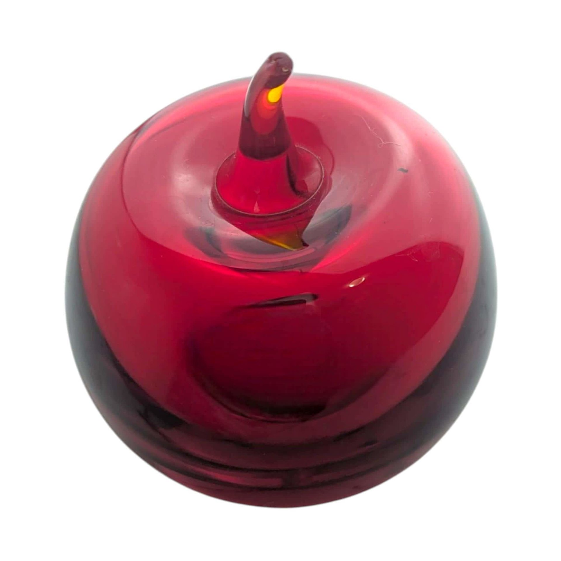 Vintage Hand Blown Art Glass Apple Paperweight: Mid Century Modern Desk Decor
