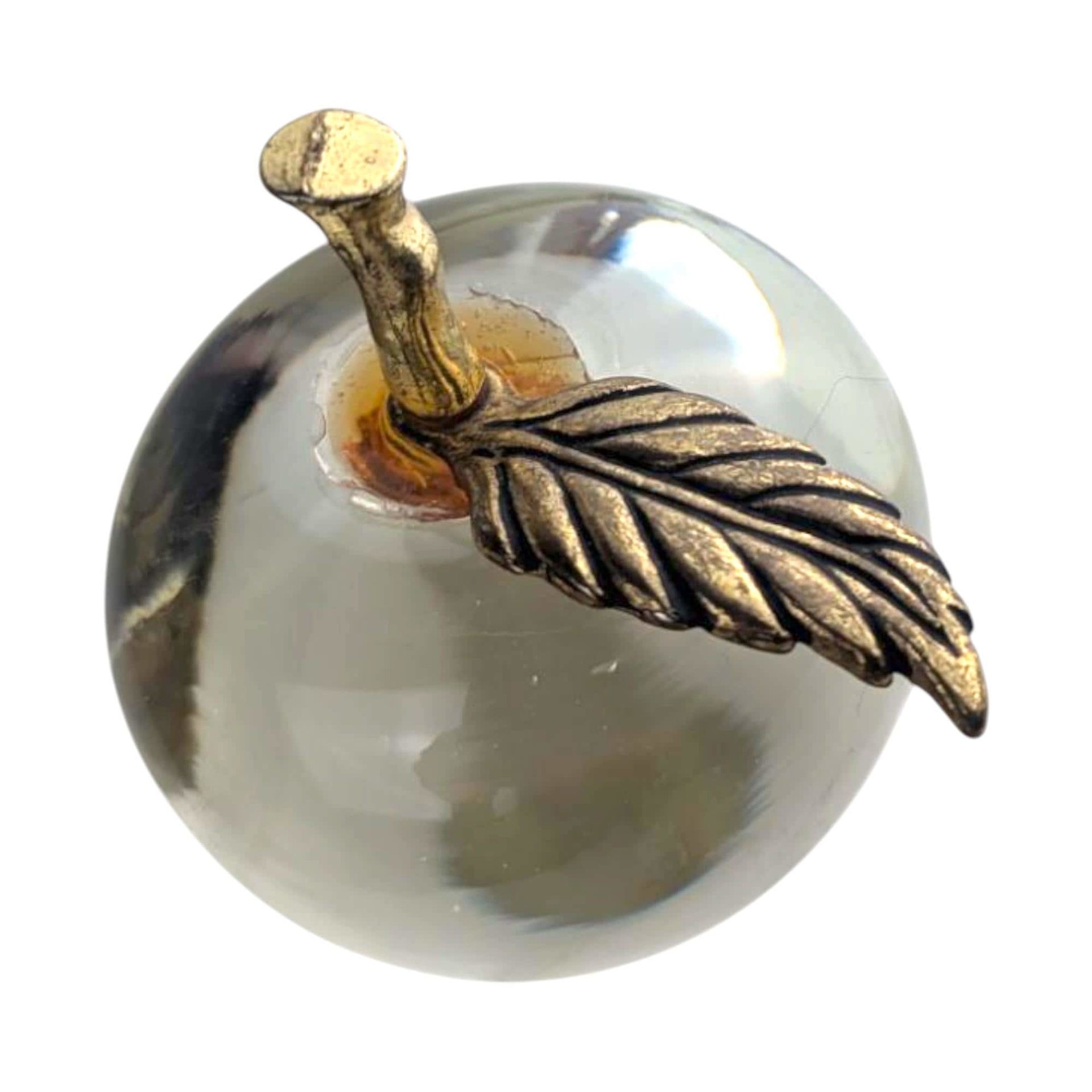 Vintage Glass Apple Paperweight: Brass Stem, Clear Crystal Desk Decor