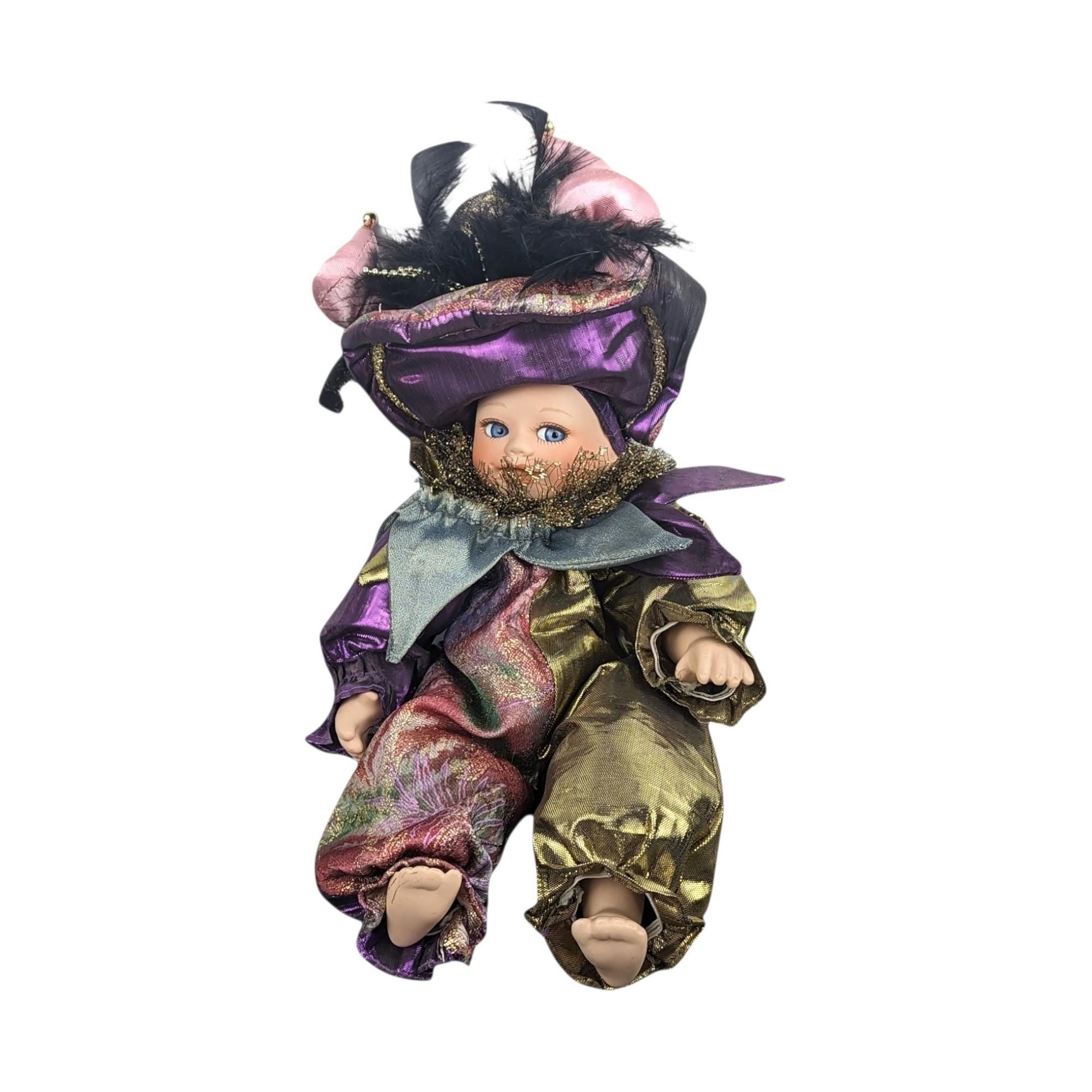 Vintage Harlequin Jester Porcelain Doll: Collectible Clown Decor