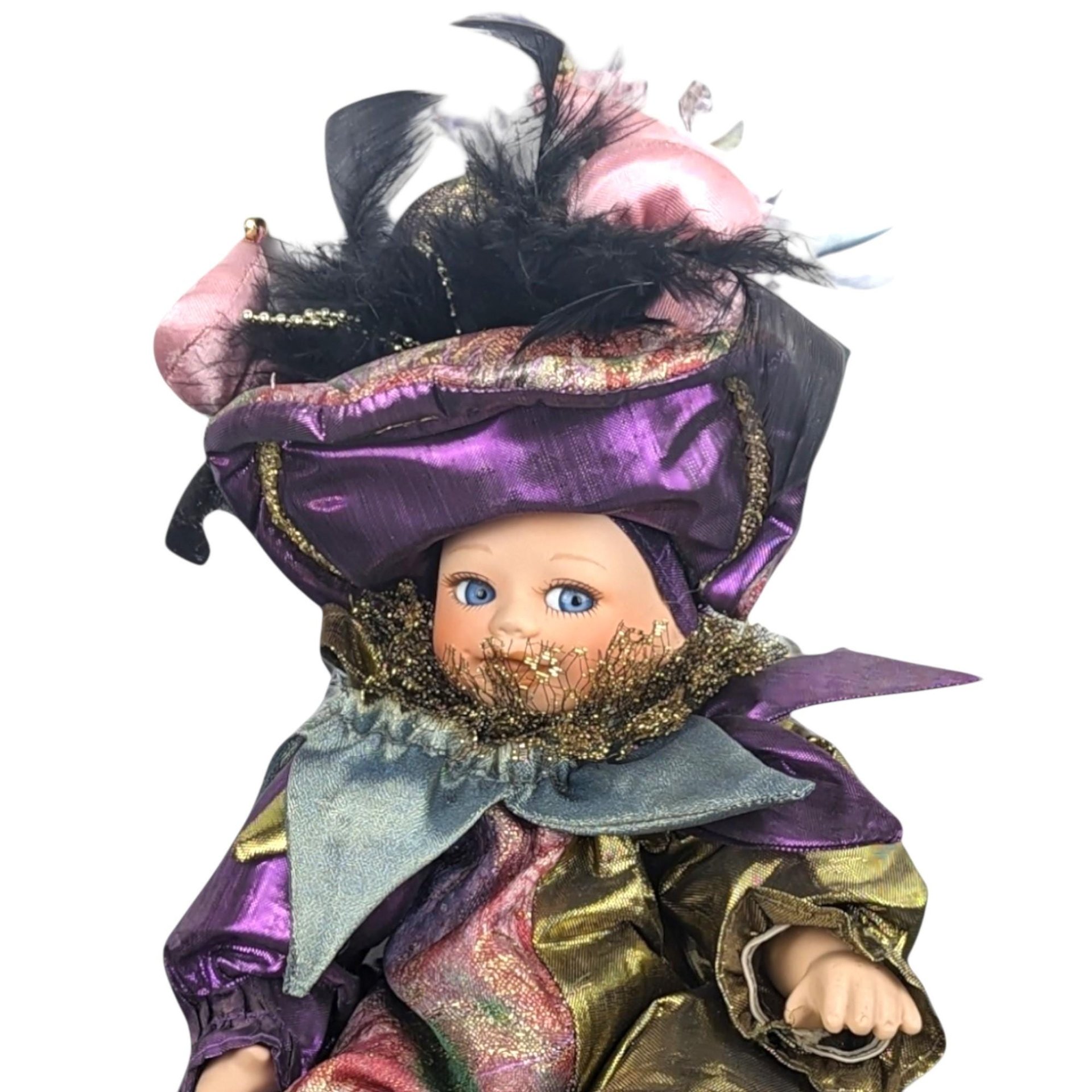 Vintage Harlequin Jester Porcelain Doll: Collectible Clown Decor