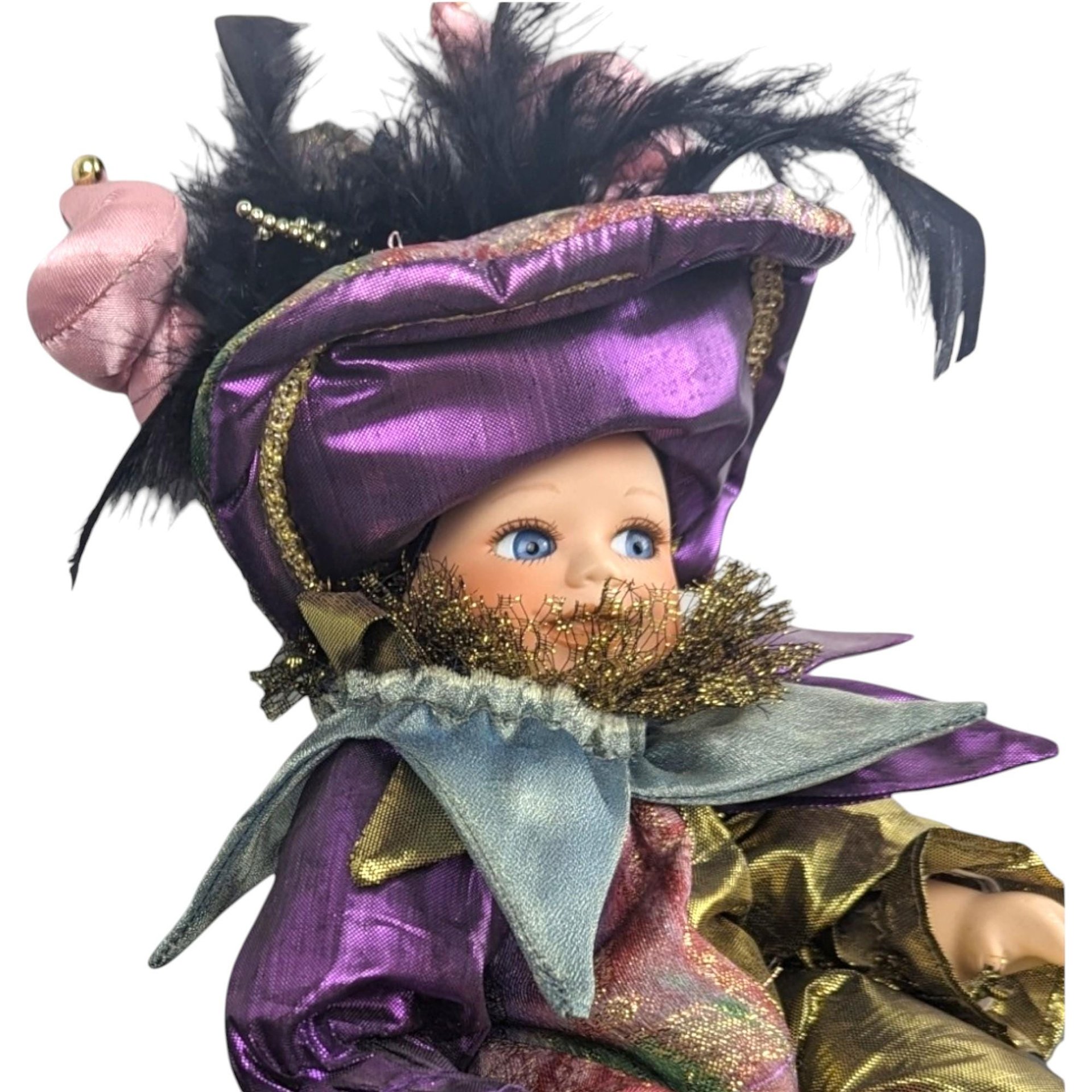 Vintage Harlequin Jester Porcelain Doll: Collectible Clown Decor